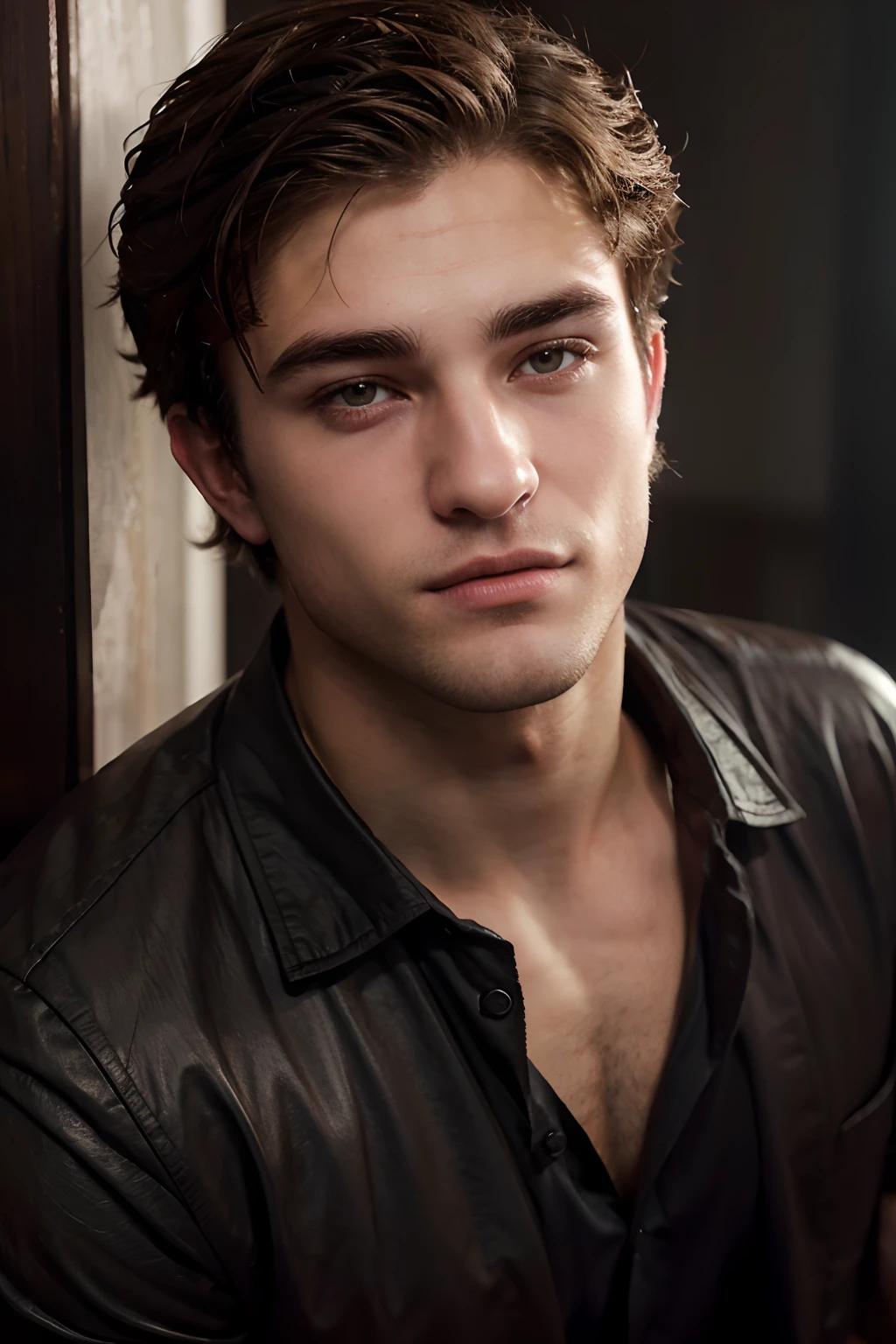 A devilishly handsome Russian young man, in his mid twenties, sharp pitch black eyes, and very white skin, brown short straight hair, a mix of the best features of a Austin Stowell, Jacob Elordi, young Robert Deniro, young Robert Pattinson, ruggedly handsome, strong, sleek short combed hair, posh looks, old money