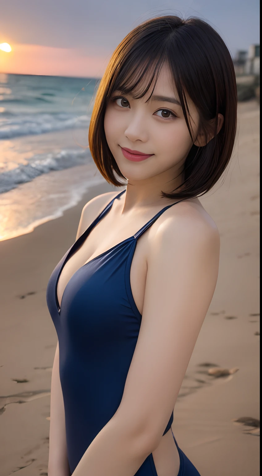 table top、(highest quality、4k、8k、High resolution、master piece: 1.2)、Super detailed、(real、photorealistic、photorealistic: 1.37)、full body shot、Complex and beautiful eyes、woman、short hair、natural color lip、swimsuit、bold and sexy pose、smile、Ocean、20 year old girl、Cute and sexy shot looking at the camera。