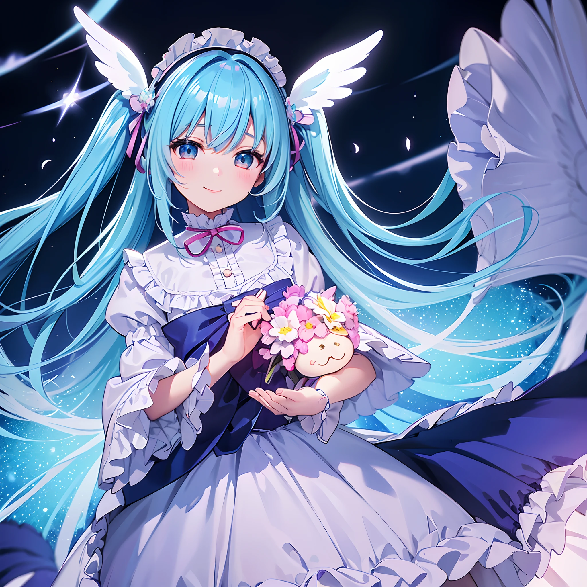 Angel wings shining in seven colors、1 kawaii girl、adorable smiling、Twin tails with long light blue hair、Colorful angel costume in lolita style with ruffles、A blizzard of fluttering flowers(Some photos)、((top-quality))、((​masterpiece))、(ighly detailed、highestdetailed、Official art、Beautifully Aesthetic:1.2)