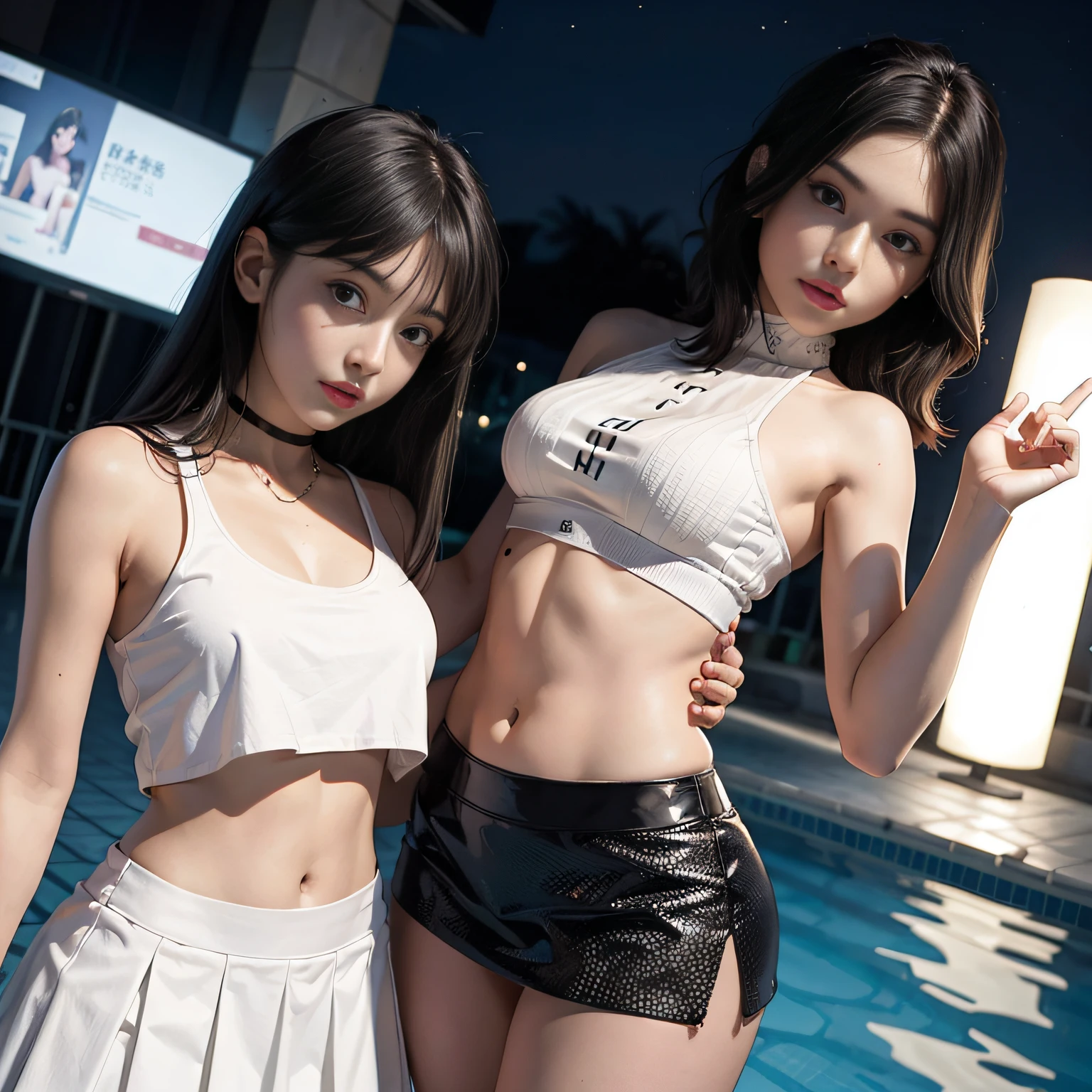 two Asian women in silver lingerie suits posing for a photo, metallic bikini, posing together in bra, prata brilhante, bralette, inspirado em Wang Duo, dressed in bikini belts, cute sci-fi twins, 2 0 2 0 moda, shiny plastic bikini, nixeu e sakimichan, dois modelos no quadro, sexy :8, tumblr