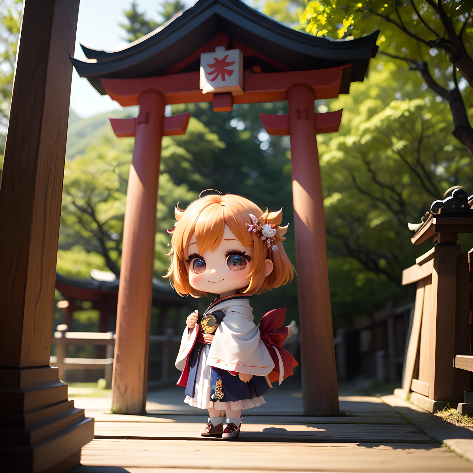 masterpiece、top-quality、ultra-detailliert、(Chibi Chara Priestess:1.2)、Japan hair ornament、Miko costume、Itsukushima shrine、Tie a small piece of paper to a tree、Standing、A smile、close-up