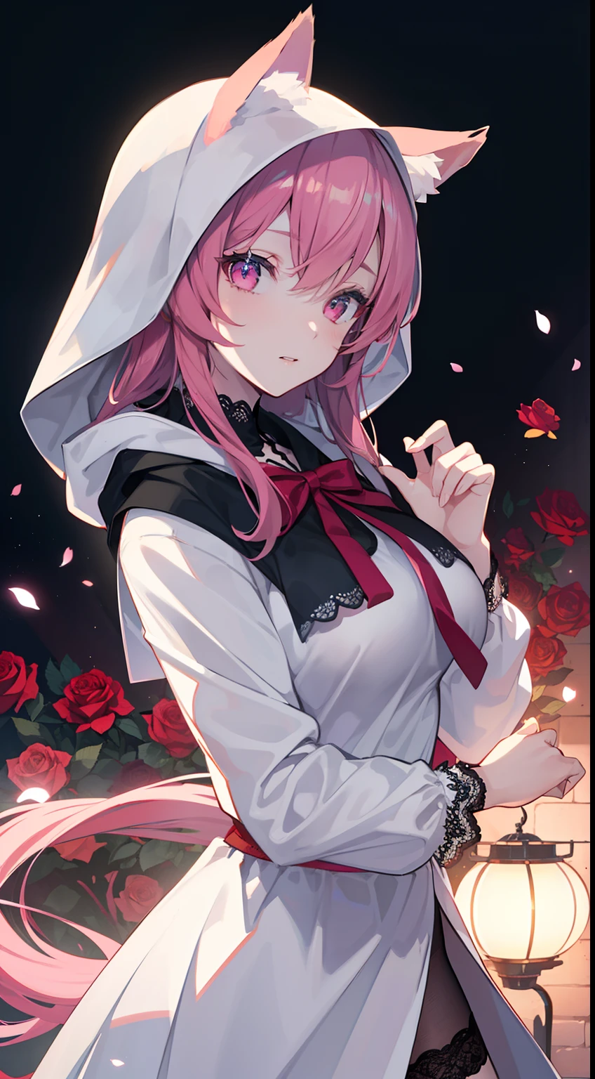 1girl in, 独奏, (hight resolution), (Best_Quality), (highly_Detailed), (Original),(Gentle background),(very detailed 8K wallpaper),Cinematic lighting, voluminous lighting, light particle, shaded_s face, Beautiful_Detailed_eyes, depth_em_field, perspective,(Hoods:1.5),Girl holding her breasts with her hands, naked breasts,Lace Features Briefs,rose hair,fox pink ears,seductive face,pink eyes,high quality image,higly detailed,high detailed eyes