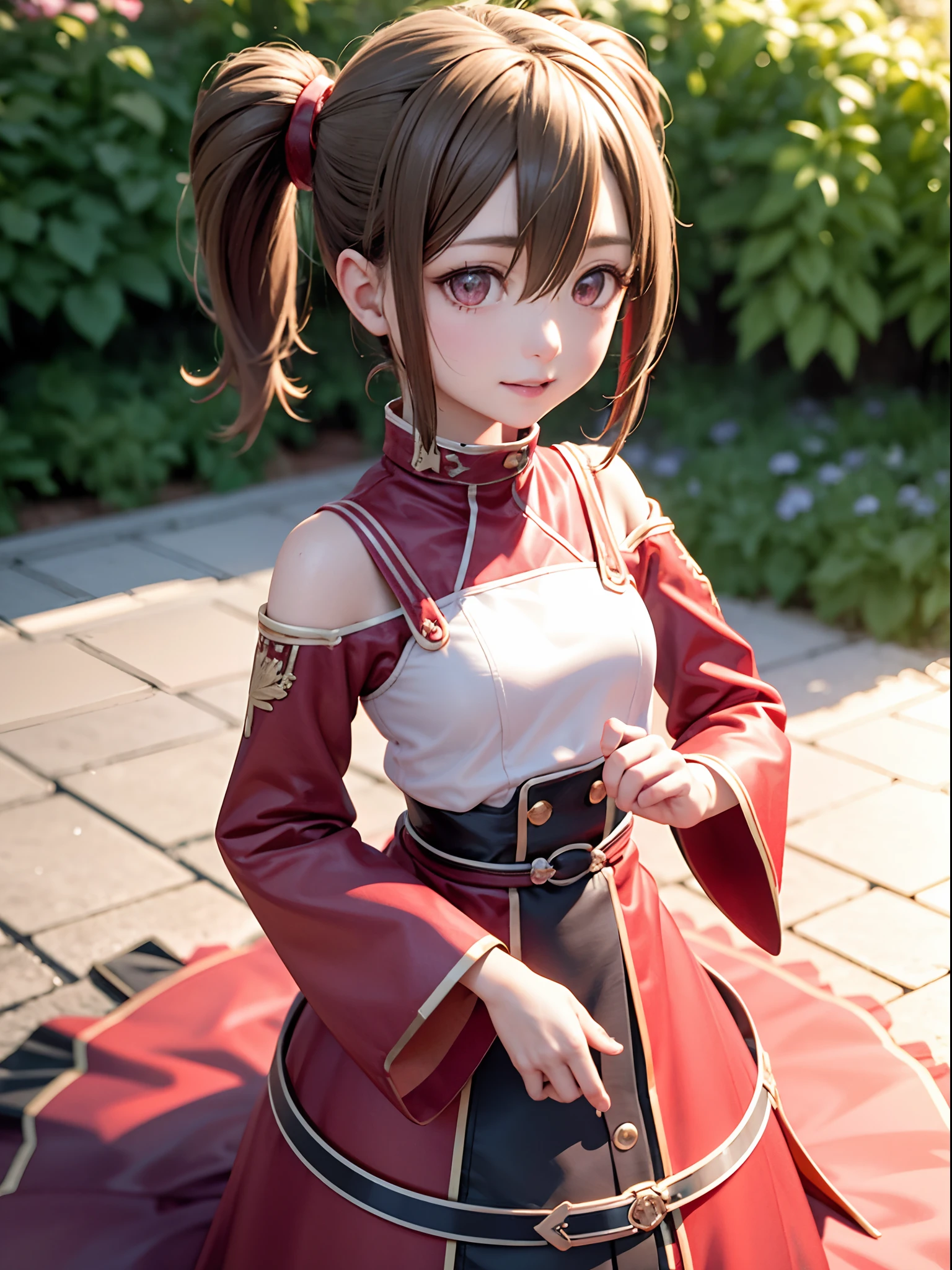 Ultra-detailed, hight resolution, Extremely detailed,Beautiful detailed girl,top-quality, [３D image:1.15]、[8k picture:1.15]、silica、Three-dimensional feeling、[[High quality anime girl with brown hair and brown eyes]]、[3D images:1.25],[[Attractive eyes,A detailed eye、Colorful eyes、radiant eyes:1.25]]、long pony tail ,White and red uniform, 8k picture, cowboy  shot、long  skirt