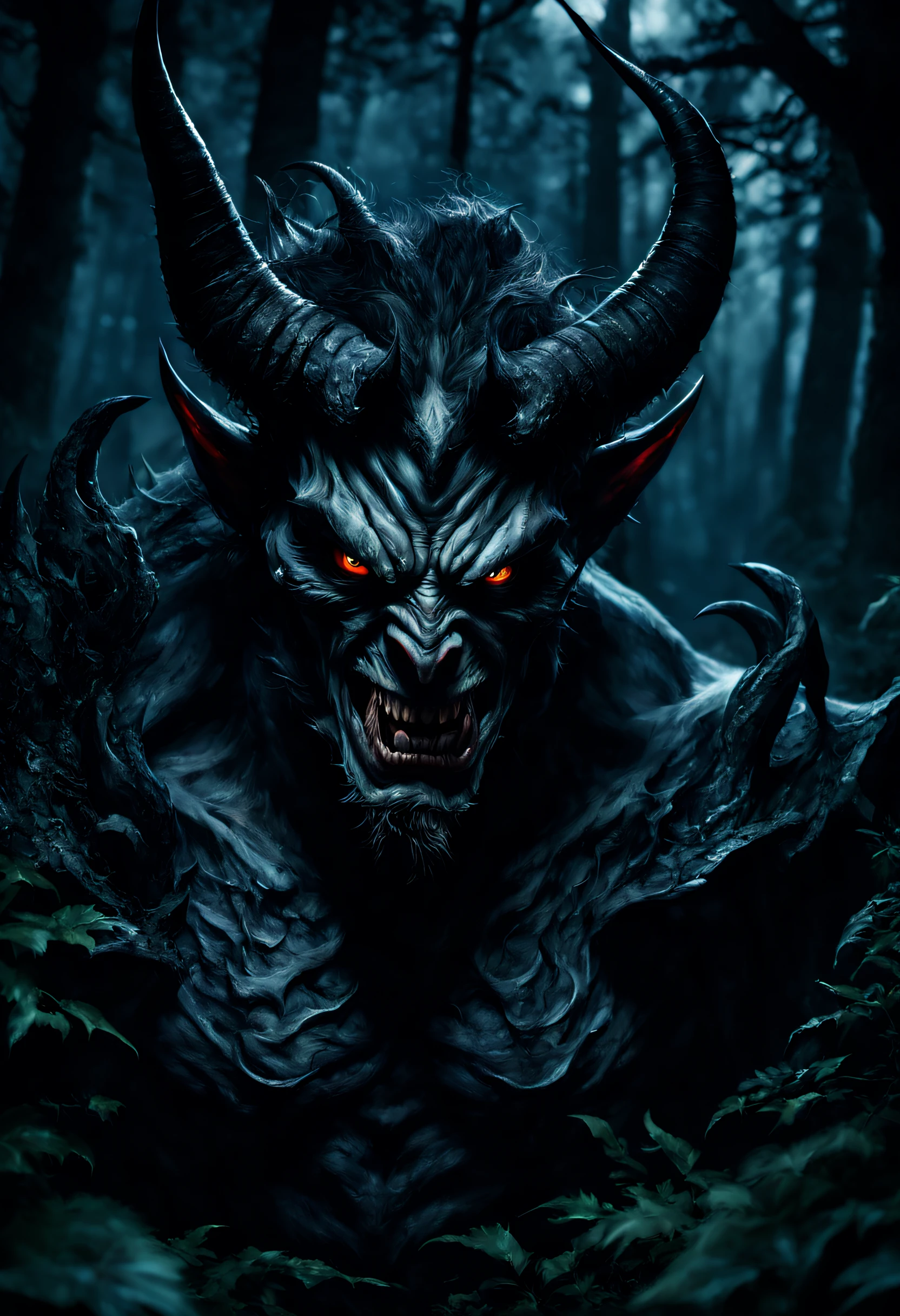 Hyper-realistic glamor portrait of a demon in the forest of death at night, a menacing figure with sharp horns and a dark, sinister expression on its face. His eyes are piercing and full of malice. His skin is pale and his features are angular and contorted, portraying a sense of evil. macro, extreme details, looking at viewer,