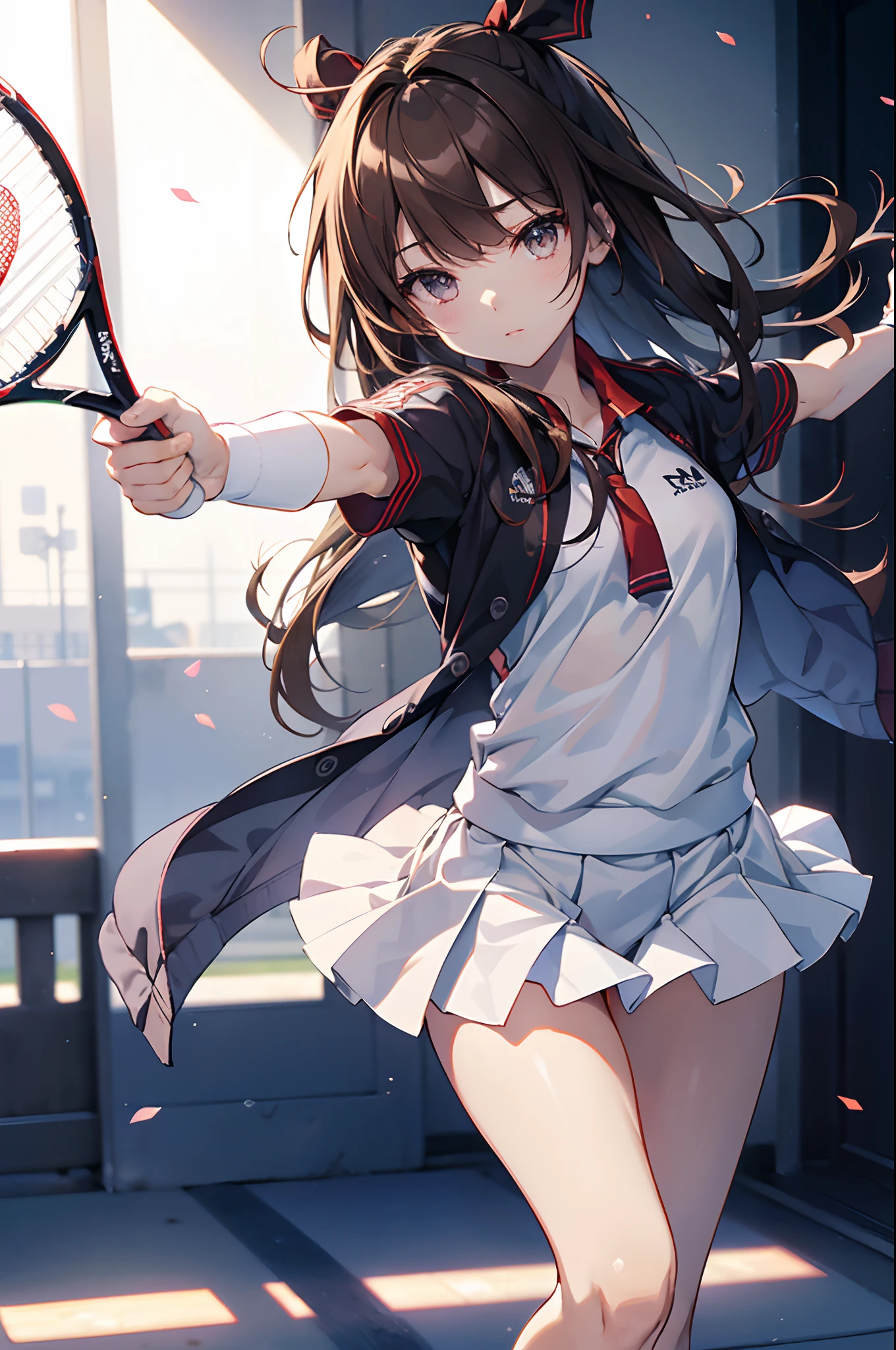 Official art, Unity 8k Wallpapers, ultra-detailliert, masterpiece, top-quality, 1人の女性, (ighly detailed),(Raw photography、top-quality)、(realisitic、Photorealsitic:1.3)、high-detail、Ultra-detailed complex 3D rendering of faces、(highlydetailed skin:1.2)、dynamic ungle, Fireglow effect, profetional lighting, side lights, ciinematic light, 超A high resolution, 8K , film grains,Best Shadows, Particles of light, detailed skin textures, A detailed face, intricate-detail, ultra-detailliert, with light glowing, Looking back、Full body, tennis coat、beauitful face、blurry backround、18 year old beautiful girl、shinny skin、Twin-tailed、beautiful brown hair、Gray eyes、Tie your hair with a big red ribbon、(Tennis Uniforms、Holding a racket、dynamicposes:1.3)、raise arms、Dynamic Poses、white panties、Be yourself