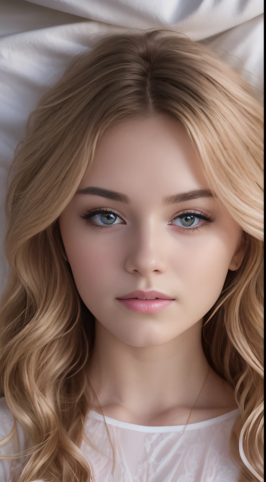 Photo of a 20-year-old European woman, .primitive, Beautiful woman, (extra long wavy blonde hair), ((sportrait)), ((Detal Face:1.2)), ((Detailed facial features)), (Fine fine skin), Pale skin, , Wrapped in sheets, room environment, Lie down in bed, (cool colours), soggy, soggy, Reflectors, (masutepiece) (perfectly proportions)(photograph of-realistic)(Best quality) (A detailed) Shot on a Canon EOS R5, Spring 50mm, f/2.8, NFFSW, (8K) (Wallpapers) (Cinematic lighting) (Dramatic lighting) (foco nítido) (复杂) Moda, from the above