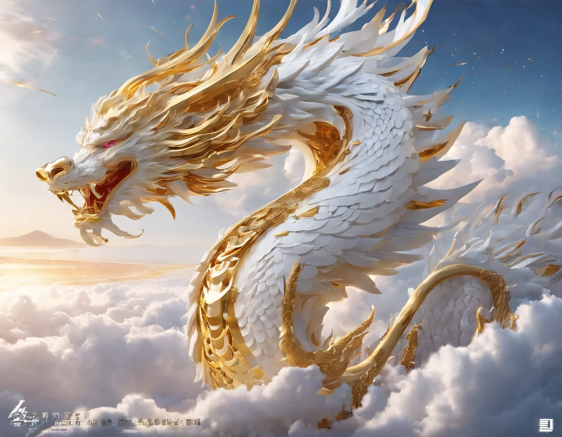 A logo、​masterpiece、(white backgrounid:1)、Golden Chinese dragon surrounded by white clouds、Deities々Halo、the wind、Deities、long wavy body、tusk、The upper part of the body、Fantasia、myth、hightquality、ighly detailed、​masterpiece、epic poem、Particle effect、Dynamic effects