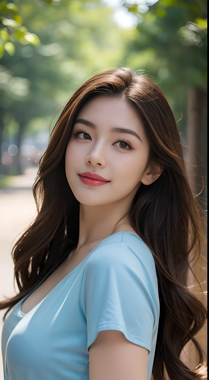 ((Best Quality, 8K, Masterpiece: 1.3)), Bondage Costume (5) Upper Body (1.3), Focus Clear: 1.2, Glossy Skin in the Light, Outstanding Beauty: 1.4, ((Brown Hair, Colossal: 1.2)), Highly Detailed Face and Skin Texture, Not Too Dark Parallel Eyebrows Detailed Eyes, Double Eyelids, Smile (1.3) Natural Makeup, Walking in the Sun Through the Trees (5)