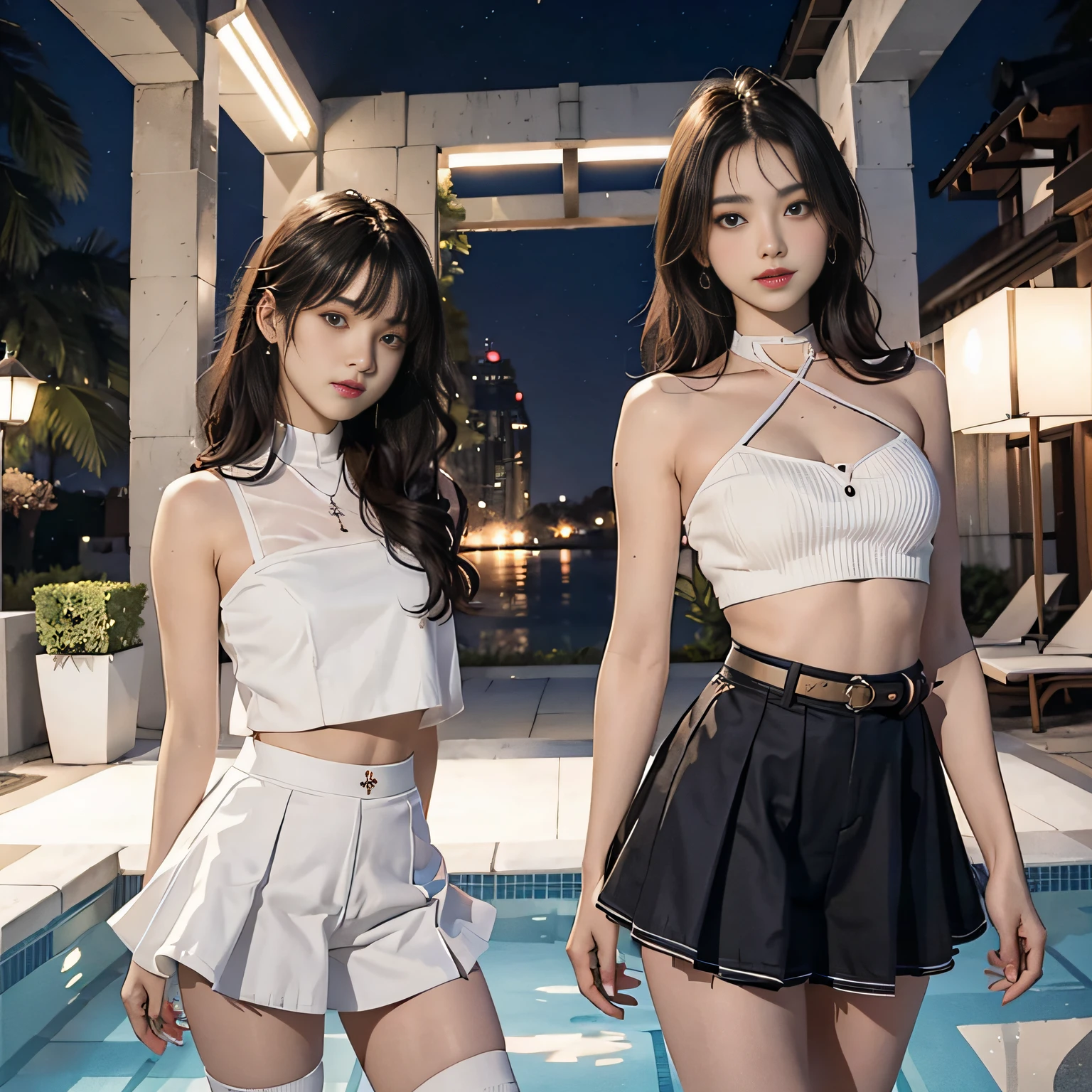 absurdres, RAW photo, extremely delicate and beautiful, masterpiece, Best Quality, ultra high resolution, 16k, hyperrealistic, ultra-detailed, Very detailed CG 8k wallpaper, Beautiful Lighting, Perfect Lightning, Realistic Shadows, perfect anatomy, super Detailed skin, perfect figure, Japanese woman, late 20s, very Slim body, narrow waist, very small head, handsome detailed woman, very detailed eyes and face, realistic face proportions, Stunning detailed eyes, Realistic beautiful face, very small face, Realistic small beautiful eyes, double eyelids, makeup, tearful mole, mole on chest, earring, bare legs, beautiful and very thin legs, beautiful and very thin thighs, (((very huge round breasts))), (((full body shot))), (((short hair))), (((wavy hair))), (((cheerleader unifrom))), (((midriff peek))), (((sleeveless))), (((((2 girls))))), (((Turf Ground))), ((sweat)), (((crowd))),