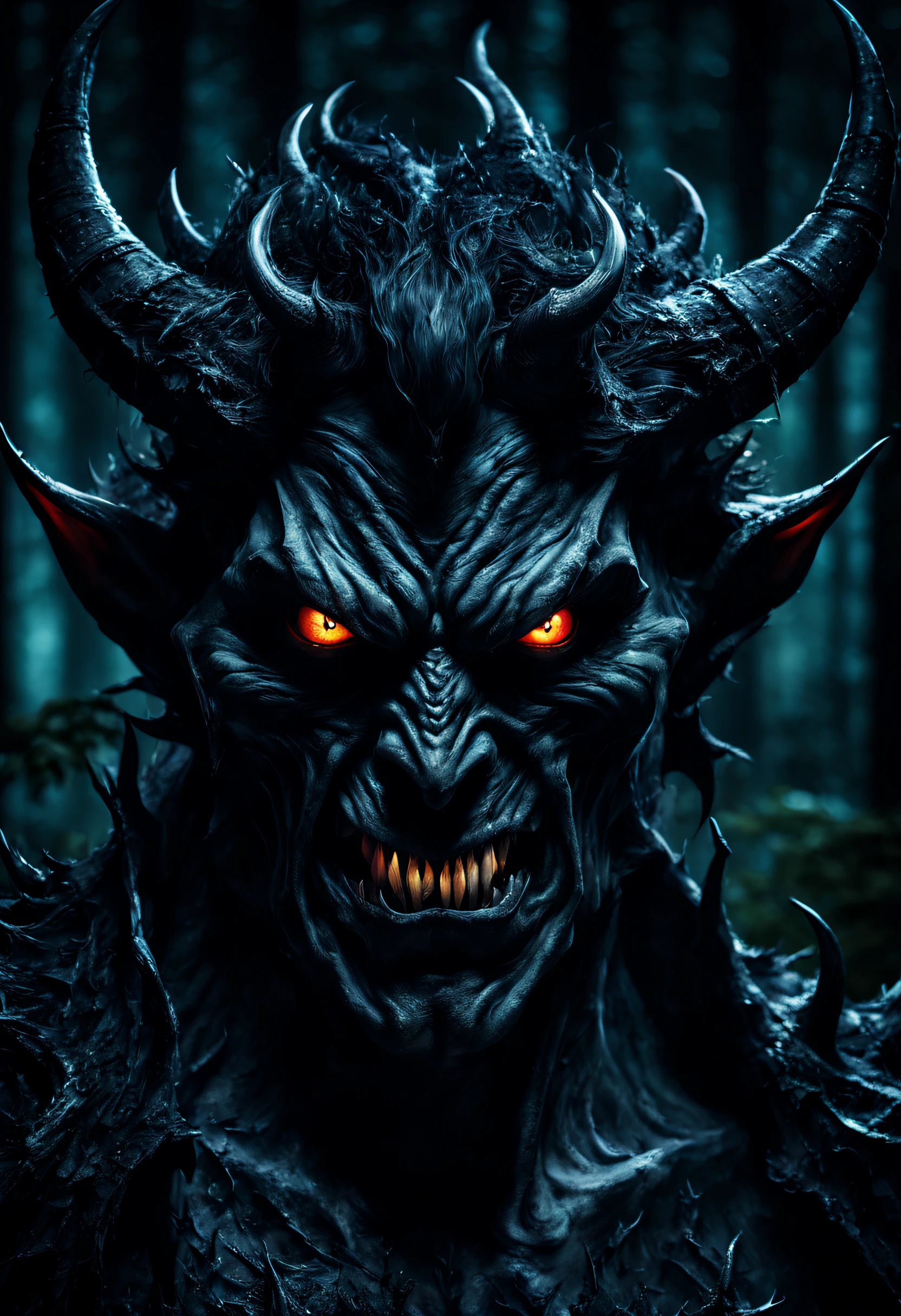 Hyper-realistic glamor portrait of a demon in the forest of death at night, a menacing figure with sharp horns and a dark, sinister expression on its face. His eyes are piercing and full of malice. His skin is pale and his features are angular and contorted, portraying a sense of evil. macro, extreme details, looking at viewer,