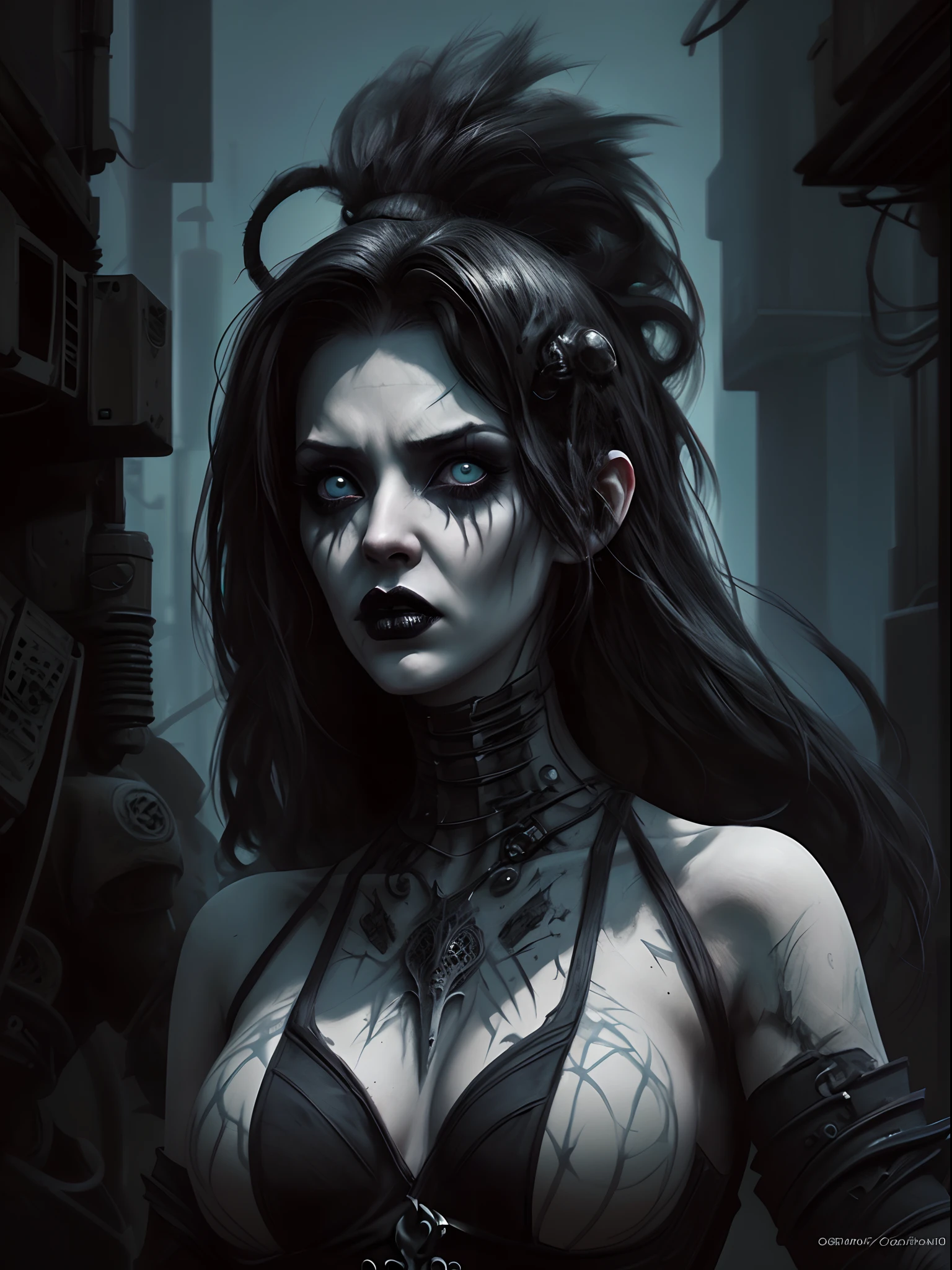 Chronicles of Riddick Necromonger woman, heavy goth makeup, dark chiaroscuro gothic cyberpunk city background, photorealistic dark concept art, Gothic Babylonian cyberpunk maiden,  angry gorgeous gothic cyberpunk , dark fantasy science fiction, hyperdetailed fantasy character, fantasy concept art portrait, portrait of a female Necromonger, stefan gesell, cyberpunk horror style, dark fantasy character design, 4k concept art and hyper realism