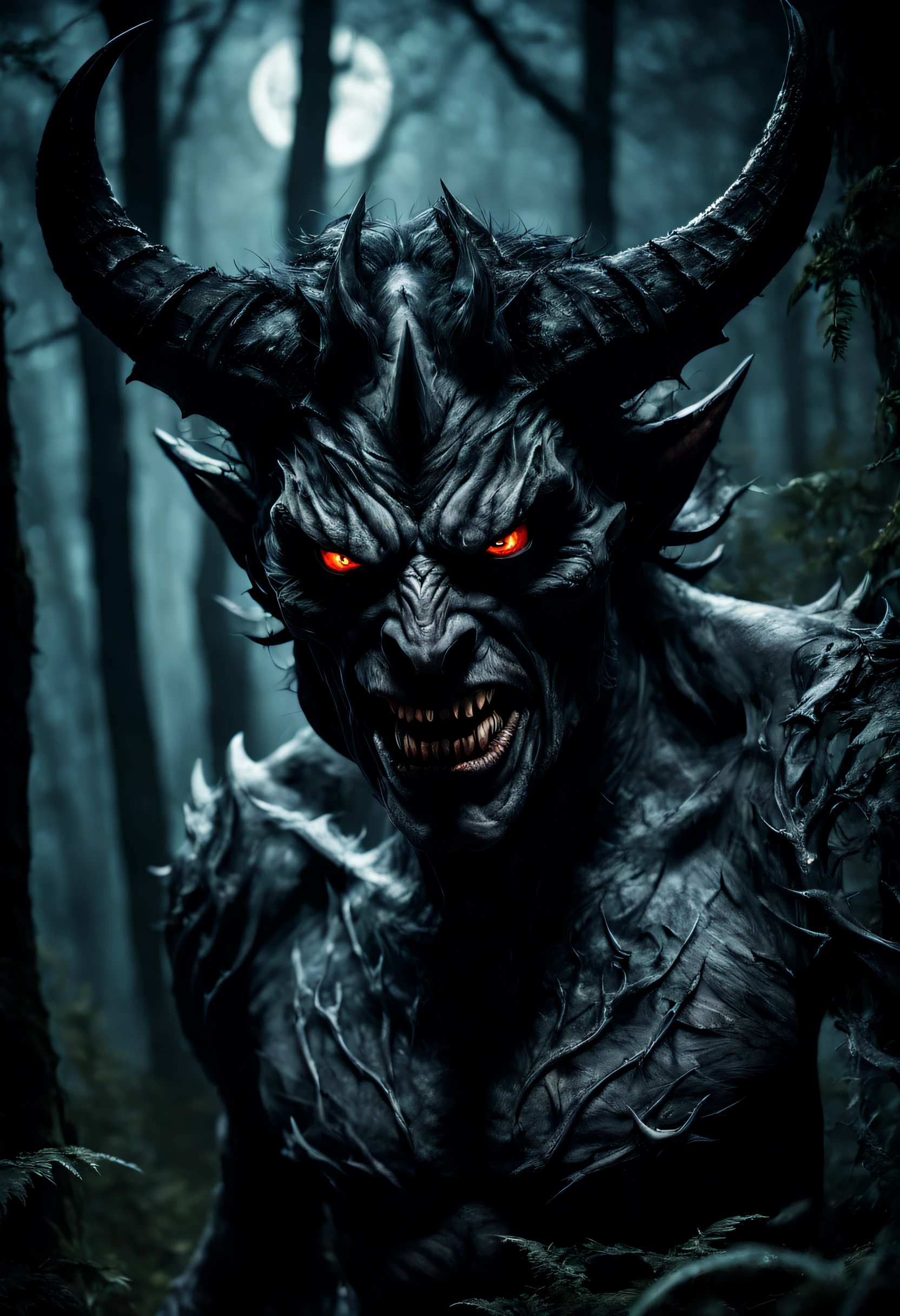 I want a supernatural and demonic creature, an image that does not demonstrate such a strong character, captured in an ultra-realistic full HD 4K portrait, detailed texture showing its menacing shape, Immersive atmosphere, high definition shadow play, digitalpainting, nevoa no environment. Make the image darker, dark setting for a horror atmosphere