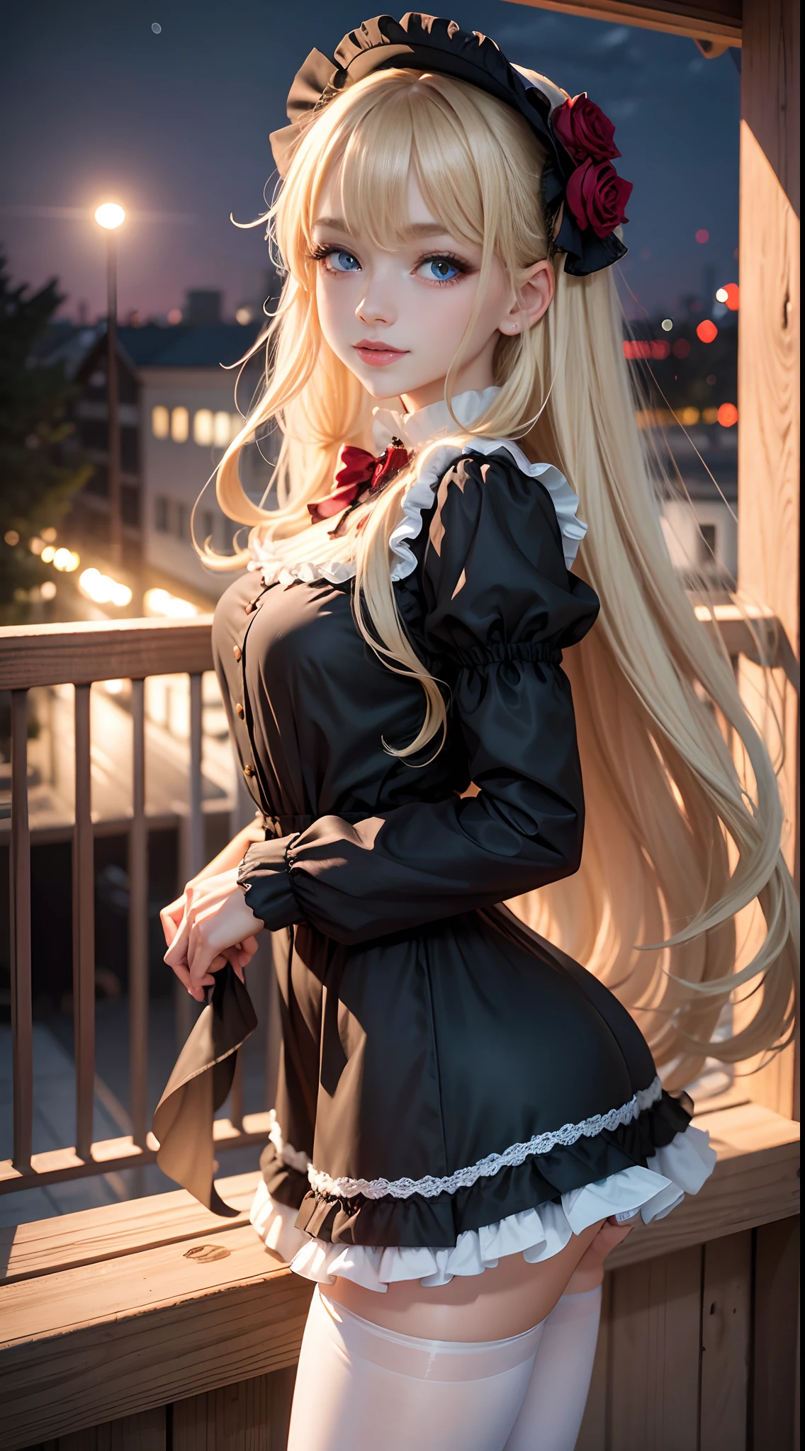 Masterpiece, Best quality,  absurderes, view the viewer, Solo, rita rossweisse (Summer Night's Dream), rita rossweisse, shirt, Pantyhose, Red rose, Blue eyes, Blonde hair, Long sleeves, Moles under eyes, (hair on one eye),  frilly shirt, White shirt,  Seductive smile,  (Ulzzang-6500:0.8), Long hair, day, Outdoor black pantyhose