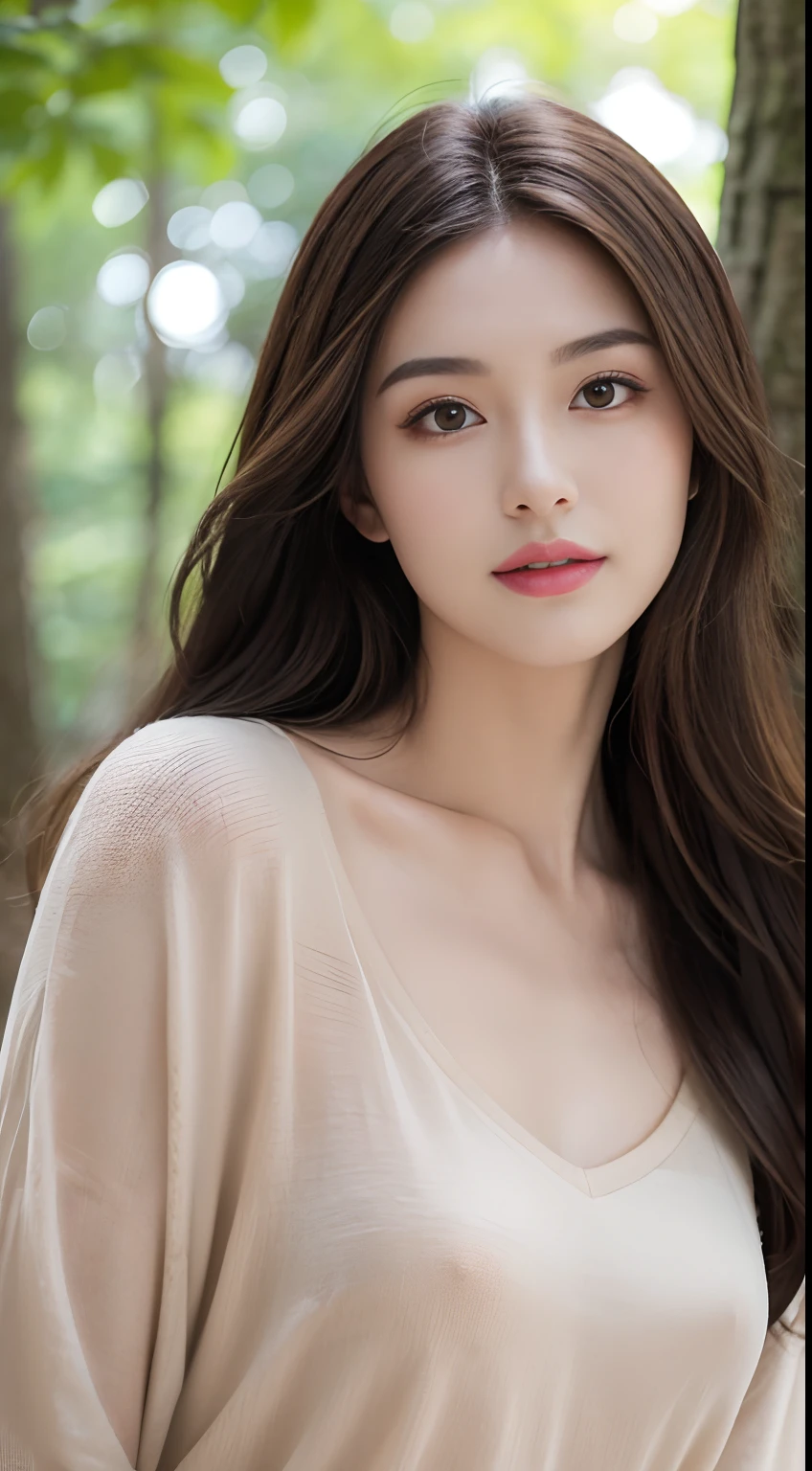 ((Best Quality, 8K, Masterpiece: 1.3)), Bondage Costume (5) Upper Body (1.3), Focus Clear: 1.2, Glossy Skin in the Light, Outstanding Beauty: 1.4, ((Brown Hair, Colossal: 1.2)), Highly Detailed Face and Skin Texture, Not Too Dark Parallel Eyebrows Detailed Eyes, Double Eyelids, Smile (1.3) Natural Makeup, Walking in the Sun Through the Trees (5)