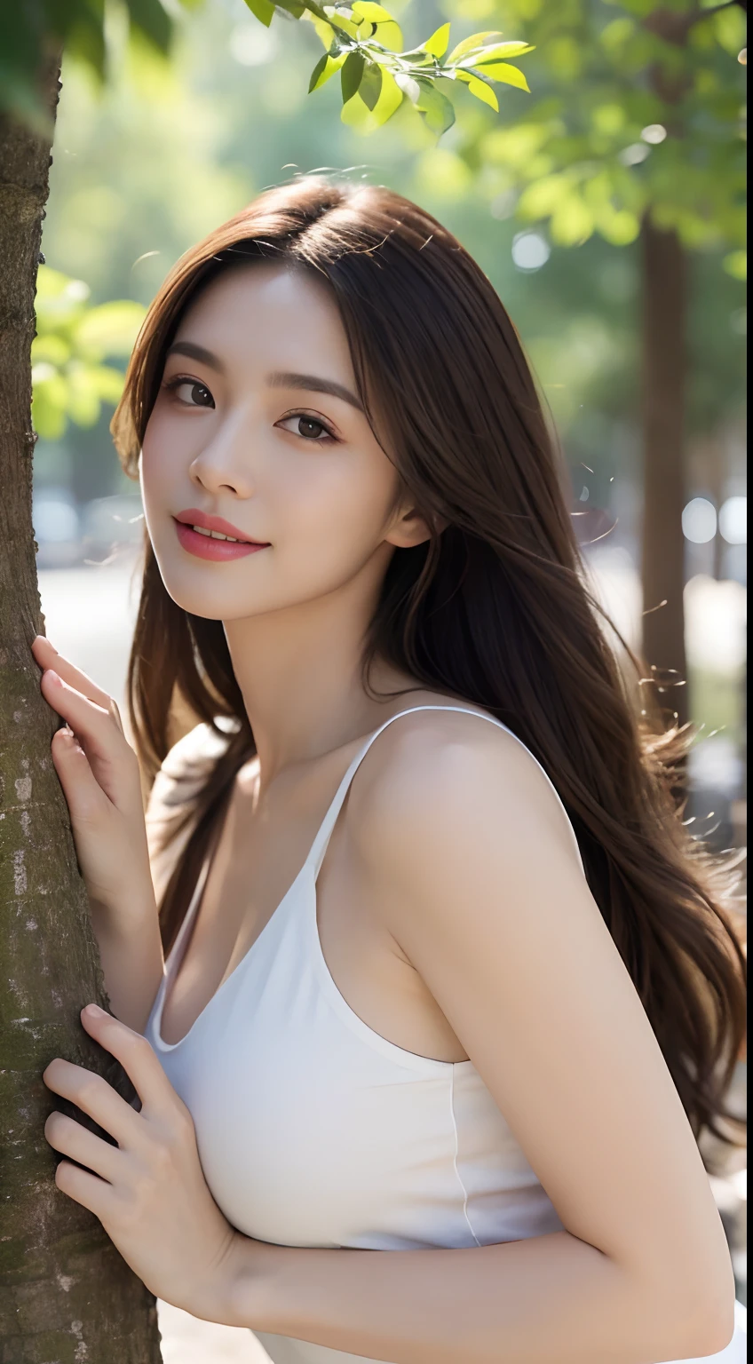((Best Quality, 8K, Masterpiece: 1.3)), Bondage Costume (5) Upper Body (1.3), Focus Clear: 1.2, Glossy Skin in the Light, Outstanding Beauty: 1.4, ((Brown Hair, Colossal: 1.2)), Highly Detailed Face and Skin Texture, Not Too Dark Parallel Eyebrows Detailed Eyes, Double Eyelids, Smile (1.3) Natural Makeup, Walking in the Sun Through the Trees (5)