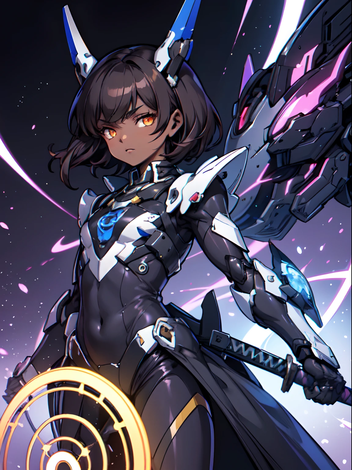 Masterpiece, highres, Honkai impact 3, herrscher sirin, dark skin, medium hair, dark brown hair, shota, (flat chest), orange eyes, long black and blue magical girl exosuit clothing, bodysuit, long black trenchcoat, black mecha armour attachment, purple energy, magic circle, close up, dramatic shot, Wielding a black mecha sword,