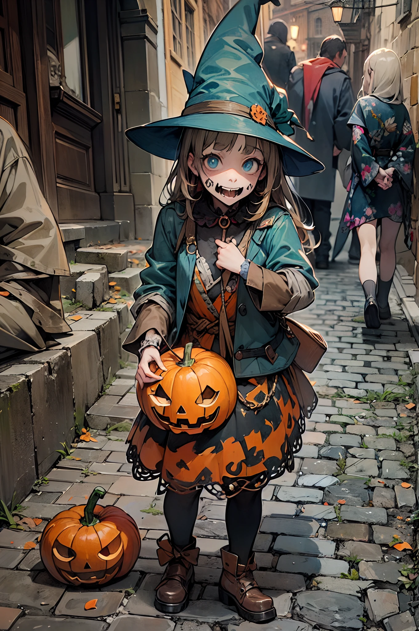 ((Artistic Camerawork)) The narrow cobblestone streets of medieval Europe are filled with people in Halloween costumes. Everyone is walking around with a disastrous atmosphere, as if they are really emitting madness rather than enjoying their costumes. Jack-o'-lanterns, Frankensteins, witches, zombies, female police officers, black cats, and various other costumes are being seriously dressed up.(watercolor paiting) (Colored pencil outline) (Dull but vibrant colors) (Super delicate lines) (masutepiece) (Fantastic atmosphere) (Very high quality)(Contemporary art like a picture book drawn in a flat shape)(jumbled)