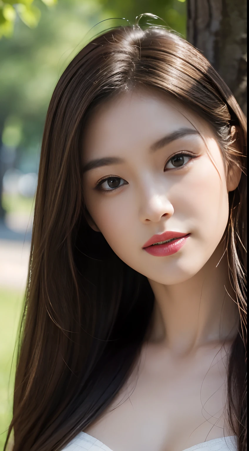 ((Best Quality, 8K, Masterpiece: 1.3)), Bondage Costume (5) Upper Body (1.3), Focus Clear: 1.2, Glossy Skin in the Light, Outstanding Beauty: 1.4, ((Brown Hair, Colossal: 1.2)), Highly Detailed Face and Skin Texture, Not Too Dark Parallel Eyebrows Detailed Eyes, Double Eyelids, Smile (1.3) Natural Makeup, Walking in the Sun Through the Trees (5)