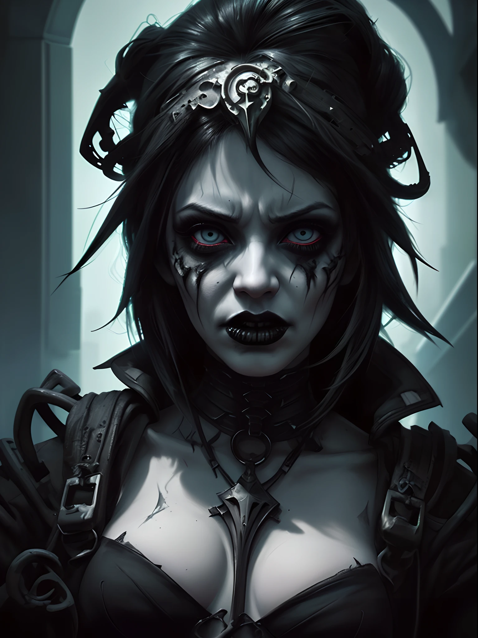 Chronicles of Riddick Necromonger woman, heavy goth makeup, dark chiaroscuro gothic cyberpunk city background, photorealistic dark concept art, Gothic Babylonian cyberpunk maiden, angry gorgeous gothic cyberpunk , dark fantasy science fiction, hyperdetailed fantasy character, fantasy concept art portrait, portrait of a female Necromonger, stefan gesell, cyberpunk horror style, dark fantasy character design, 4k concept art and hyper realism