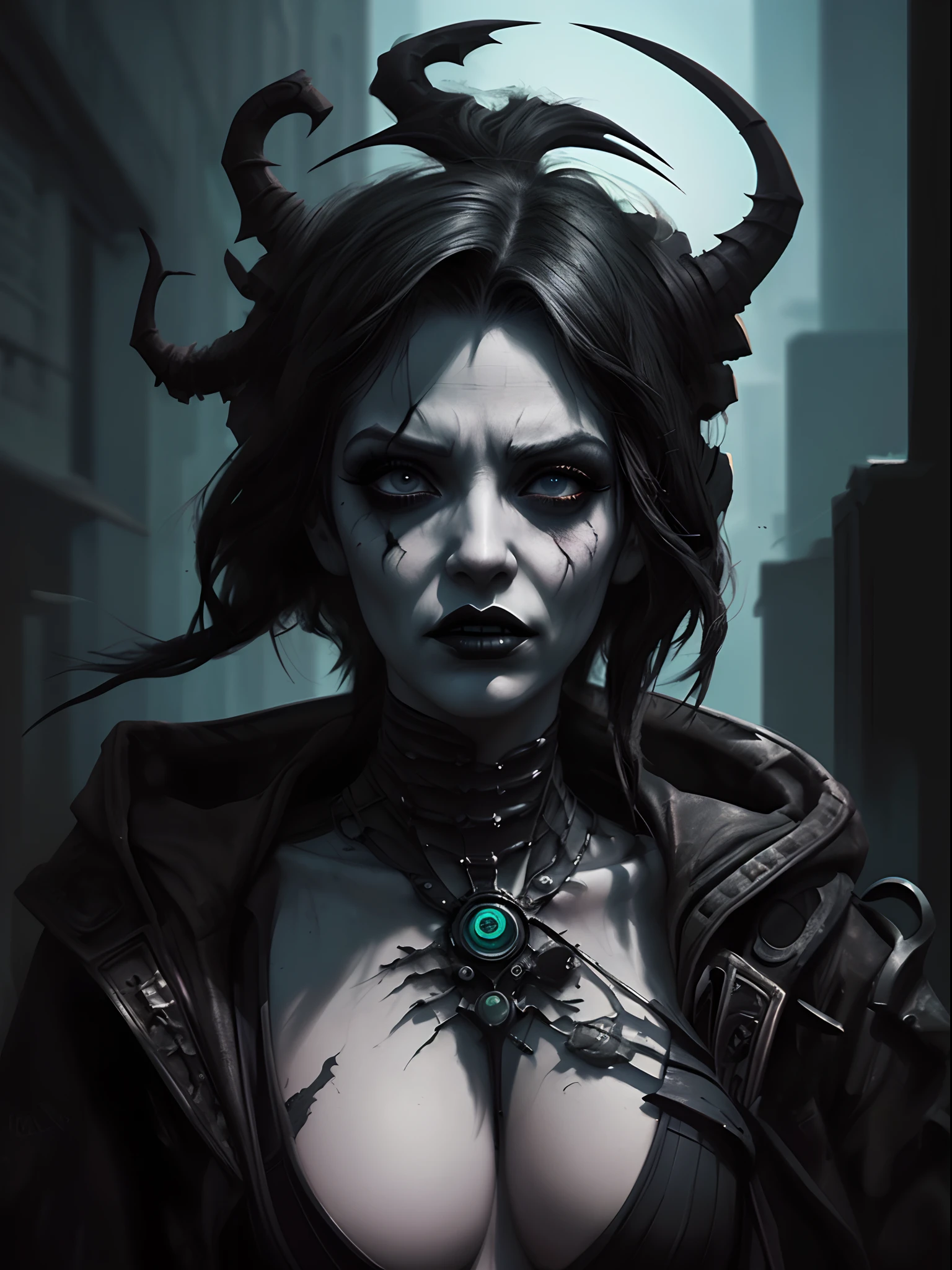 Chronicles of Riddick Necromonger woman, heavy goth makeup, dark chiaroscuro gothic cyberpunk city background, photorealistic dark concept art, Gothic Babylonian cyberpunk maiden, angry gorgeous gothic cyberpunk , dark fantasy science fiction, hyperdetailed fantasy character, fantasy concept art portrait, portrait of a female Necromonger, stefan gesell, cyberpunk horror style, dark fantasy character design, 4k concept art and hyper realism