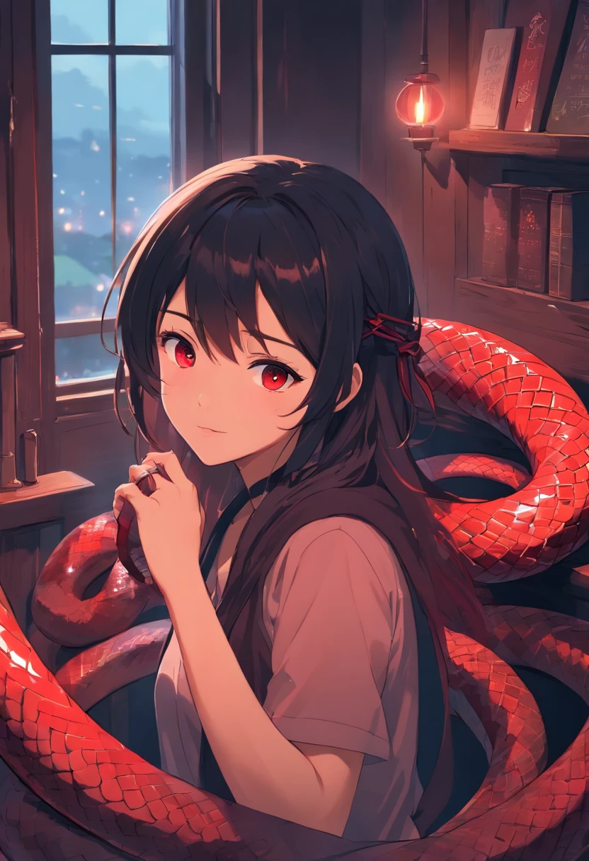 A red black-ringed snake,In the old house,Squinted eyes,Spit snake letters,Eerie light,Dark night,high high quality,fog atmosphere,(Chinese folk suspense supernatural comic style