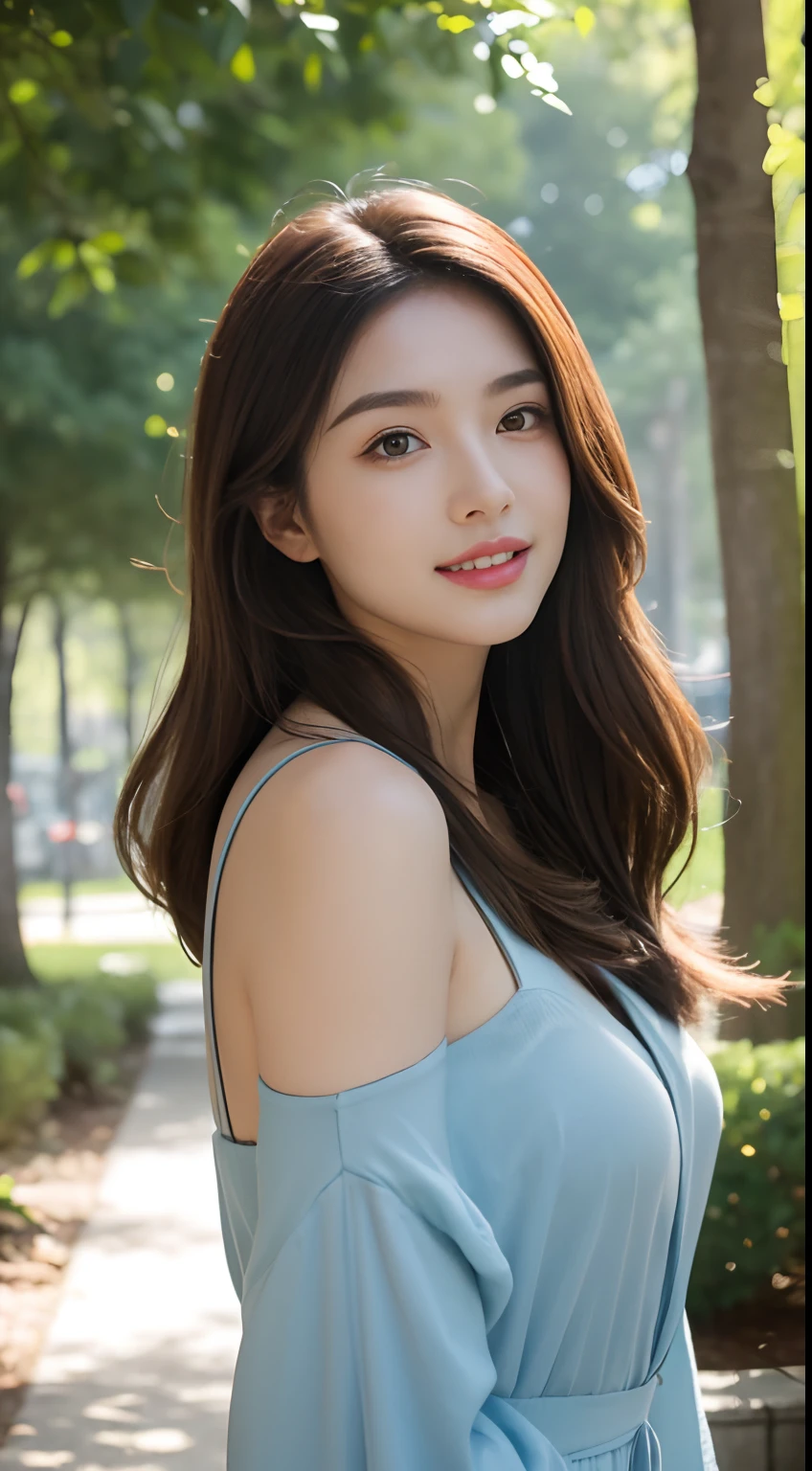 ((Best Quality, 8K, Masterpiece: 1.3)), Bondage Costume (5) Upper Body (1.3), Focus Clear: 1.2, Glossy Skin in the Light, Outstanding Beauty: 1.4, ((Brown Hair, Colossal: 1.2)), Highly Detailed Face and Skin Texture, Not Too Dark Parallel Eyebrows Detailed Eyes, Double Eyelids, Smile (1.3) Natural Makeup, Walking in the Sun Through the Trees (5)