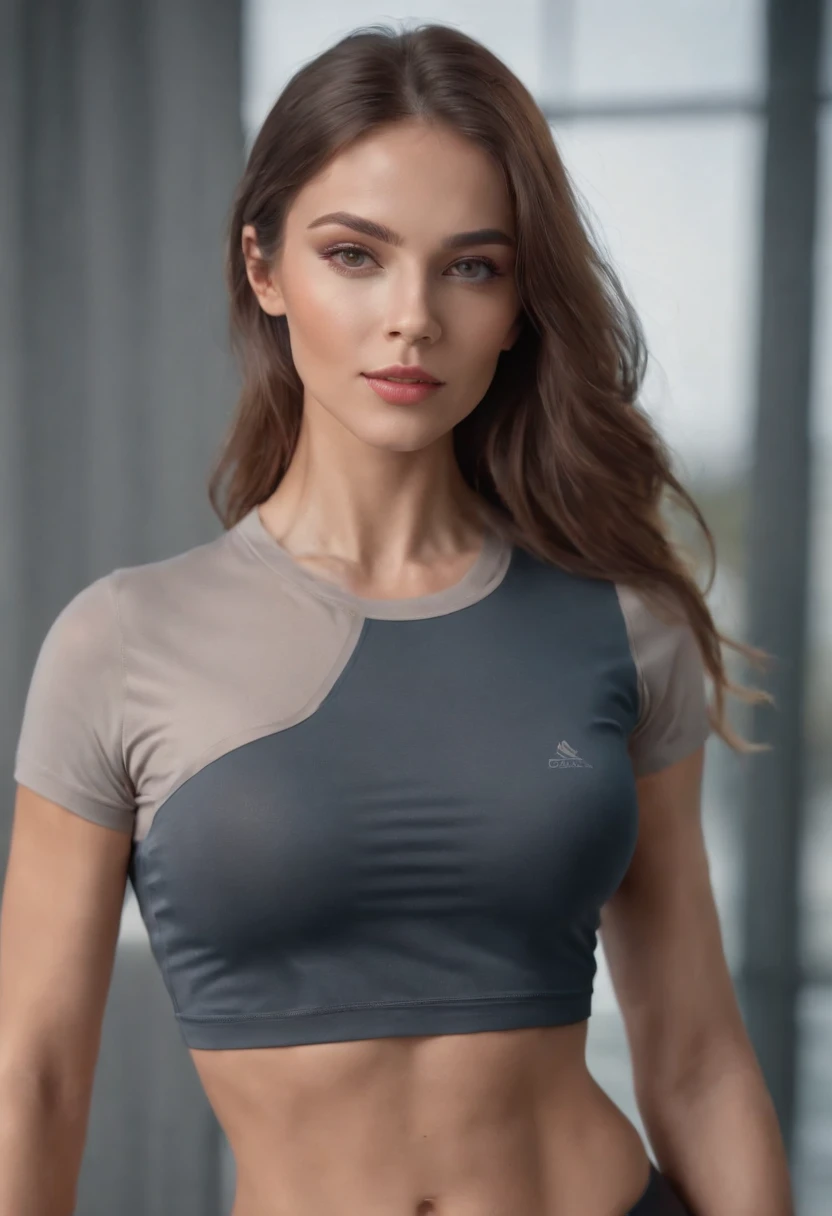 Beautiful girl fitness trainer, stands and shows her perfect figure to her full height, well - developed muscles, beautiful body, athletic legs and hips, colorful realism, modularity, rich close - ups, uhd image, high attention to detail, high definition and level of detail, Highest quality, perfect masterpiece, perfect art, young and energetic, top is clean babes T- shirt, pearl illusion, fashion trends, 3s material, HD, detail performance, 3D, octane rendering, ray tracing, complex details, animated lighting, OCrenderer, 8k,