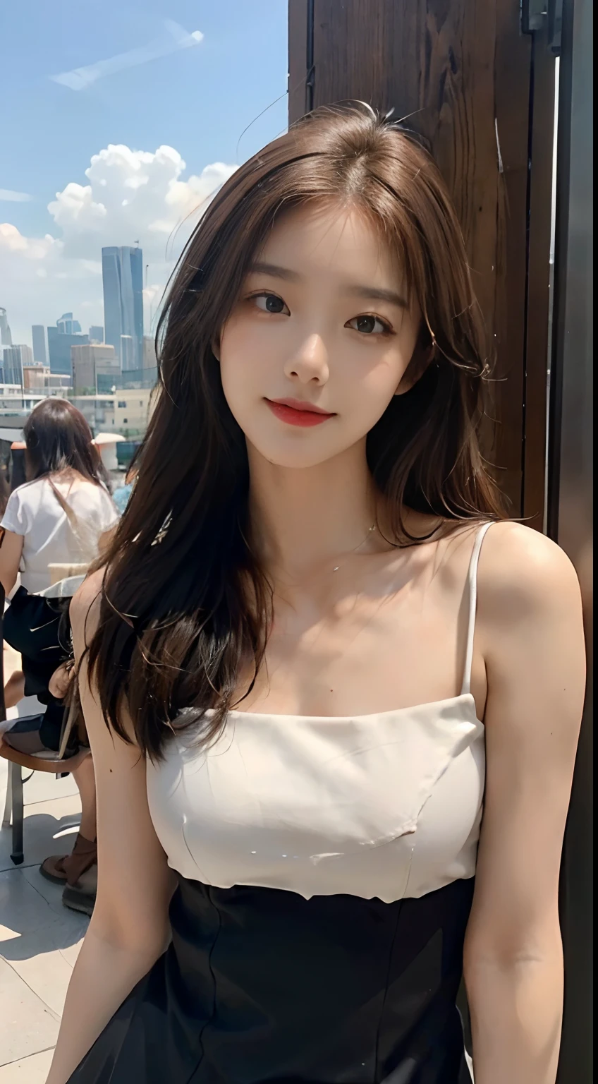 ((Best picture quality, 8K, tmasterpiece: 1.3)), self-shot, Sharp focus: 1.2, A cute beauty with a perfect figure: 1.4, Slim big breasts, ((Brown hair black)) , (Small flesh-colored dress,Highly detailed face,Happy expression,standing on your feet:1.2),((A city with blue skies and white clouds,At the cafe:1.3. Produced with a major focus on women)),Highly detailed facial and skin texture,Detailed eyes,二重まぶた