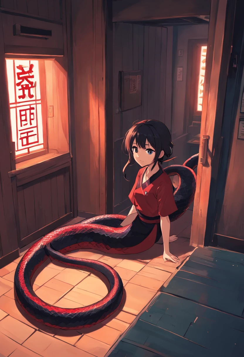 A red black-ringed snake,In the old house,Squinted eyes,Spit snake letters,Eerie light,Dark night,high high quality,fog atmosphere,(Chinese folk suspense supernatural comic book style