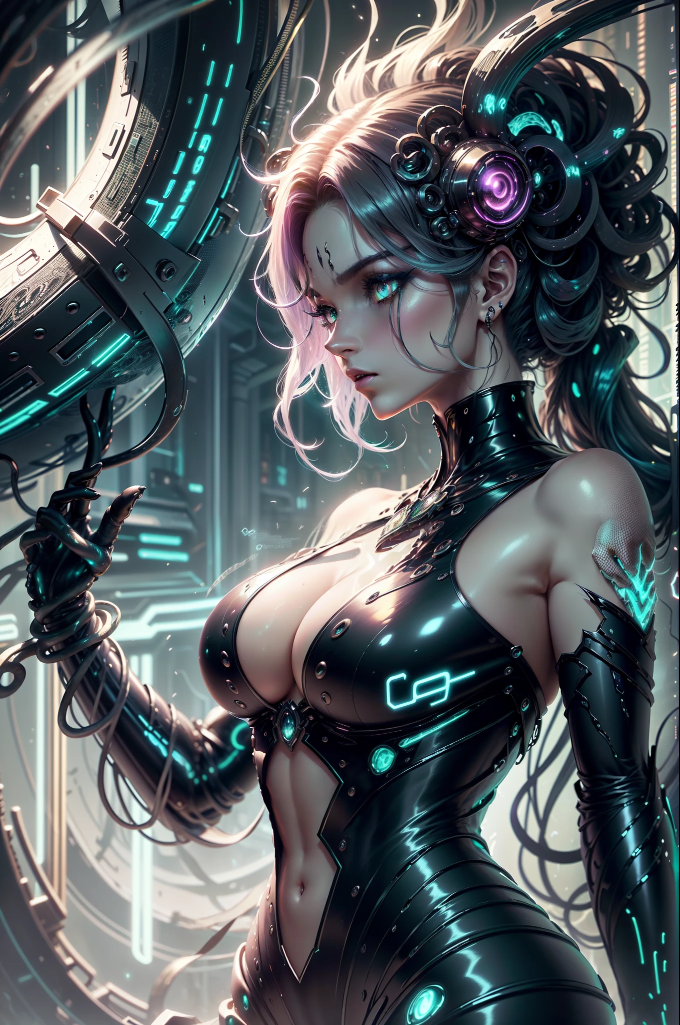 A shadowy gorgon illuminated by the neon glow of a futuristic cityscape, its scales shimmering with an ominous allure. This enigmatic digital artwork portrays a noir-inspired creature, rendered in exquisite detail. The gorgon's obsidian skin oozes sophistication, contrasting sharply with the neon lights that bathe its sinuous form. The snaking tendrils of its hair cascade gracefully, reflecting a captivating blend of metallic hues. With piercing emerald irises, the creature's eyes exude an air of mystery and danger. This alluring image seamlessly fuses the aesthetic of a digital anime with the atmospheric ambiance of noir storytelling. --auto --s2