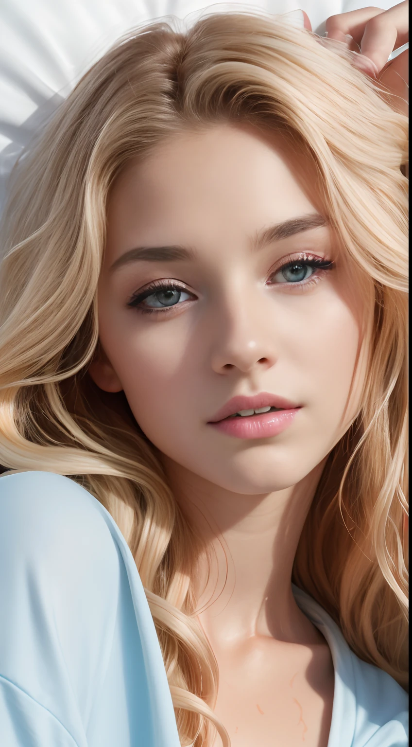 Photo of a 20-year-old European woman, .primitive, Beautiful woman, (extra long wavy blonde hair), ((sportrait)), ((Detal Face:1.2)), ((Detailed facial features)), (Fine fine skin), Pale skin, , Wrapped in sheets, room environment, Lie down in bed, (cool colours), soggy, soggy, Reflectors, (masutepiece) (perfectly proportions)(photograph of-realistic)(Best quality) (A detailed) Shot on a Canon EOS R5, Spring 50mm, f/2.8, NFFSW, (8K) (Wallpapers) (Cinematic lighting) (Dramatic lighting) (foco nítido) (复杂) Moda, from the above
