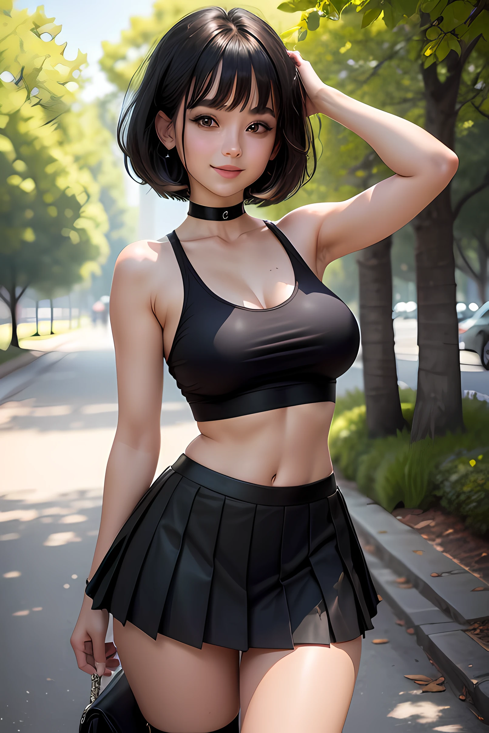 Masterpiece, Best Quality, 8K, Photographic Reality, (1 girl), ultra-detailed, beautiful lighting, standing up, beautiful scenery, blushing, smiling, (cute smile:1,1), (glossy lips:1.1), beautiful eyes, wonderful background, closed mouth, short hair, shy, bob hair, bangs, black_choker, crop_top, (black tank top), black hair, (black pleated mini skirt), in park, green eyes, Beautiful female, medium breasts