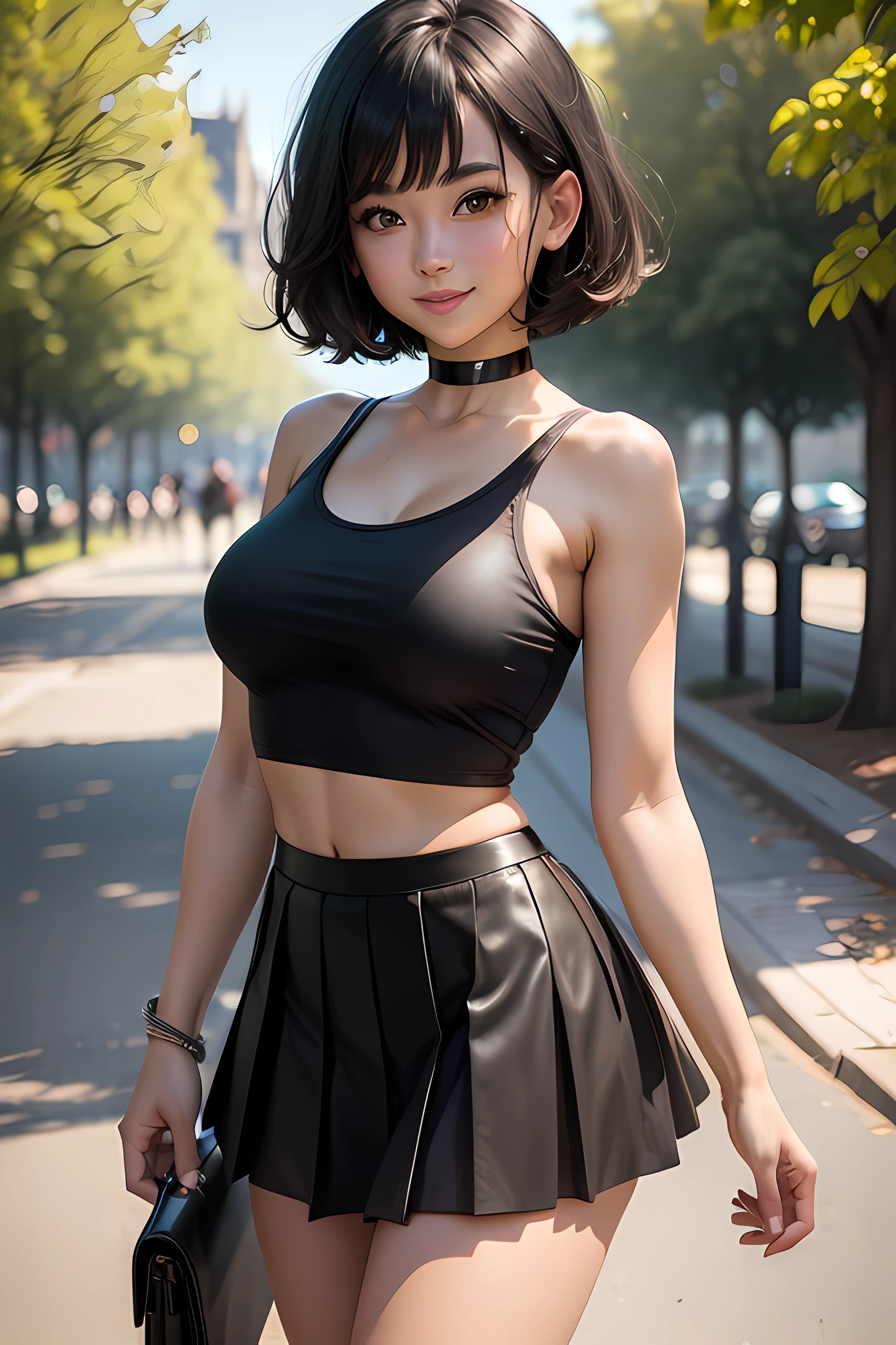 Masterpiece, Best Quality, 8K, Photographic Reality, (1 girl), ultra-detailed, beautiful lighting, standing up, beautiful scenery, blushing, smiling, (cute smile:1,1), (glossy lips:1.1), beautiful eyes, wonderful background, closed mouth, short hair, shy, bob hair, bangs, black_choker, crop_top, (black tank top), black hair, (black pleated mini skirt), in park, green eyes, Beautiful female, medium breasts