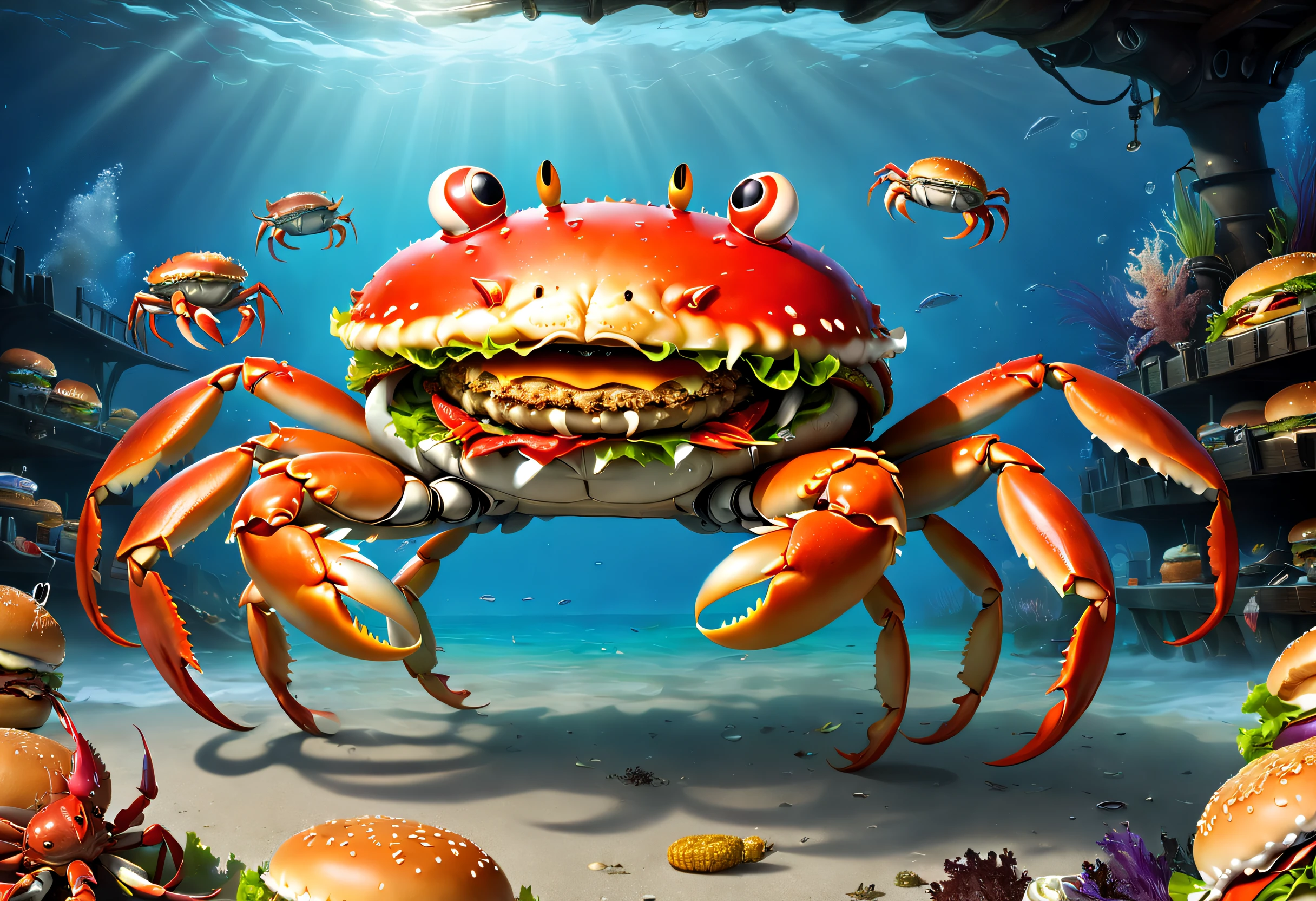 (Best quality, 4K, A high resolution, Masterpiece:1.2), Ultra-detailed, Realistic:1.37,Burger Crab Team，Every hamburger crab has crab legs，Crab claws，The body is a crab of Hamburg,Anthropomorphic burger，Stroll through the Hamburg Crab Squad，Dress up like a hamburger crab， Tentacles wrapped around a burger,absurderes，It's ridiculous，At the bottom of the sea，Epic fantasy art，Epic surreal art style,Dynamic Action Pose,