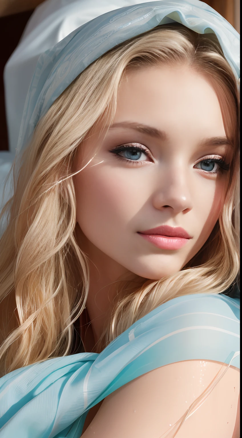 Photo of a 20-year-old European woman, .primitive, Beautiful woman, (extra long wavy blonde hair), ((sportrait)), ((Detal Face:1.2)), ((Detailed facial features)), (Fine fine skin), Pale skin, , Wrapped in sheets, room environment, Lie down in bed, (cool colours), soggy, soggy, Reflectors, (masutepiece) (perfectly proportions)(photograph of-realistic)(Best quality) (A detailed) Shot on a Canon EOS R5, Spring 50mm, f/2.8, NFFSW, (8K) (Wallpapers) (Cinematic lighting) (Dramatic lighting) (foco nítido) (复杂) Moda, from the above