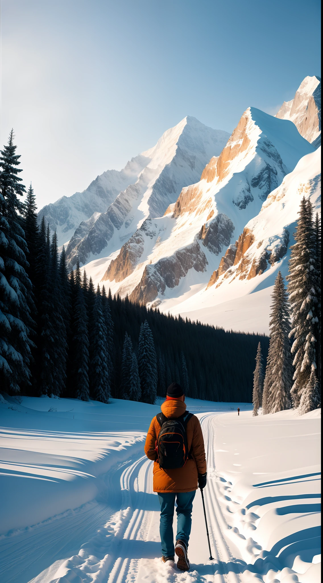 RAW photos,Winter scenery,mountain ranges,the trees,It snowed a little,A man walks with a backpack on his back,Staff in hand,8k uhd,Digital SLR,gentlesoftlighting,high qulity,filmgrain,Fujifilm XT3