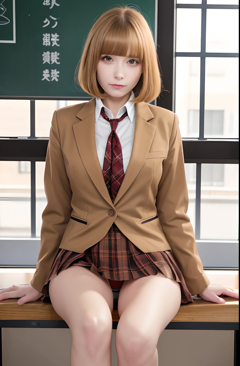 (Masterpiece,Best Quality, Detailed), 1girl, 独奏, Classroom, Indoors, hands on thighs, closed mouth,
Midorikawa Hana, brown jacket, neck ribbon, shirt with collar, school uniform, plaid skirt, squinting, Lashes, striped panties, crossed feet, sitting, Low visibility, disgust, Squeamish face