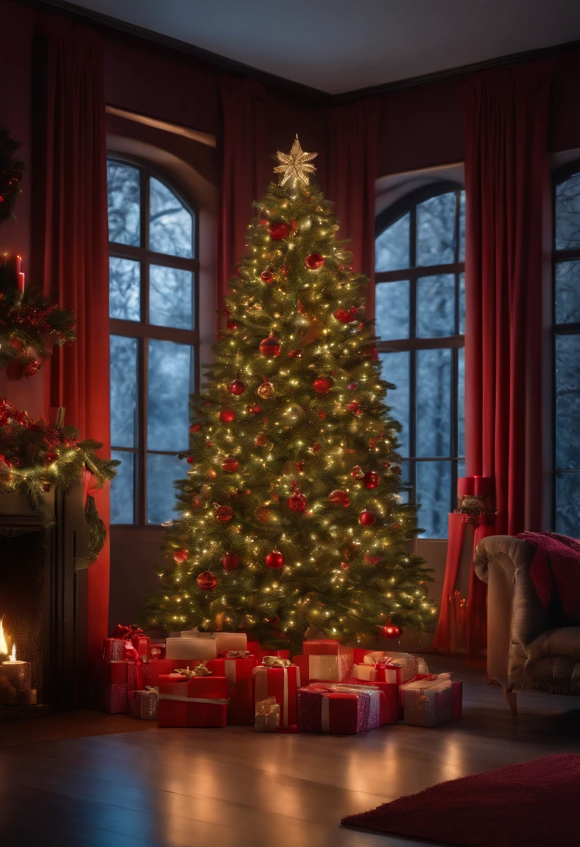 profissional, (4K Photo, High detail, arvore de natal, foto realista, enfeite de cores variadas, luzes brilhantes com presentes variados e cores vibrantes, ambiente sala de casa