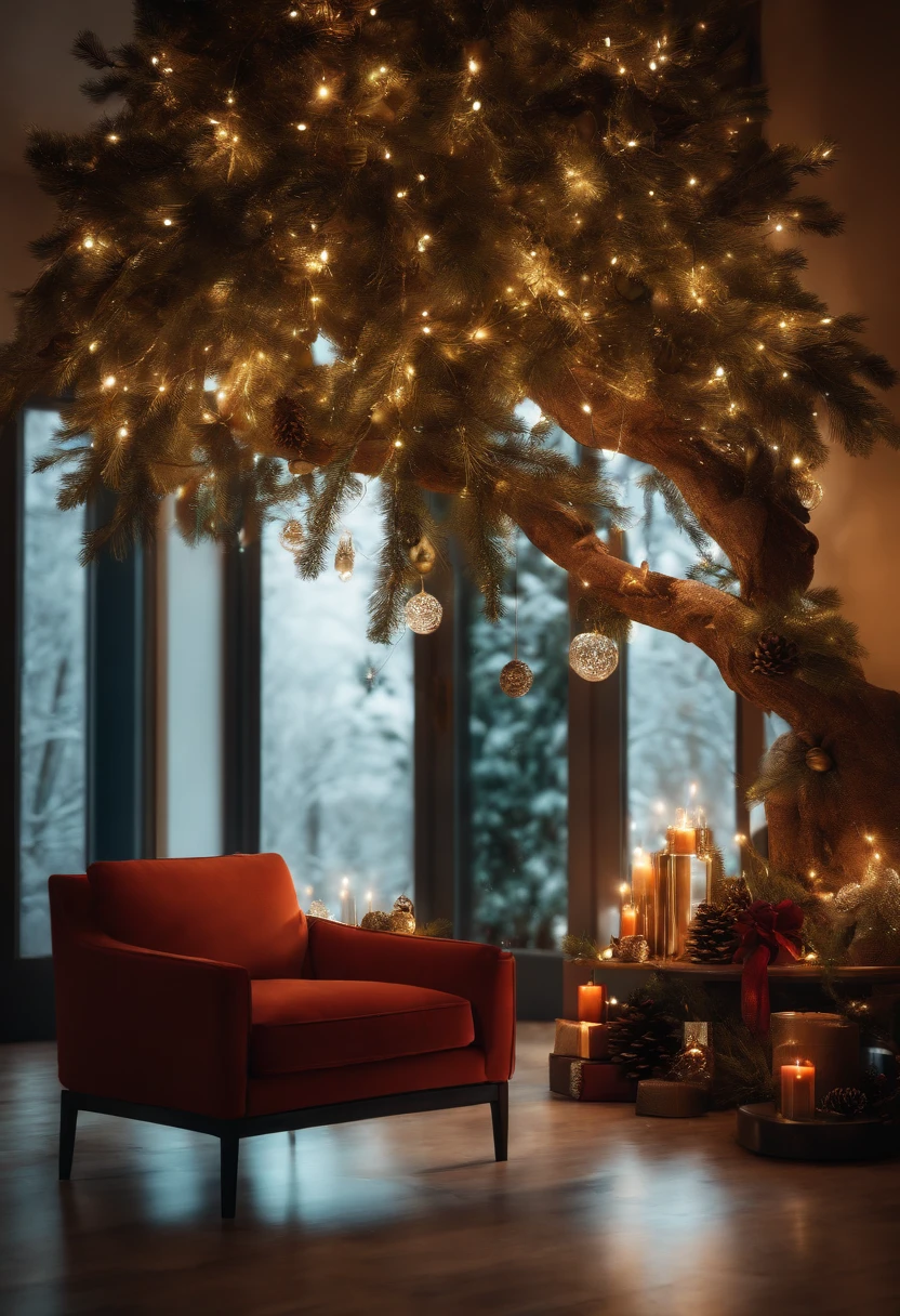 profissional, (4K Photo, High detail, arvore de natal, foto realista, enfeite de cores variadas, luzes brilhantes com presentes variados e cores vibrantes, ambiente sala de casa