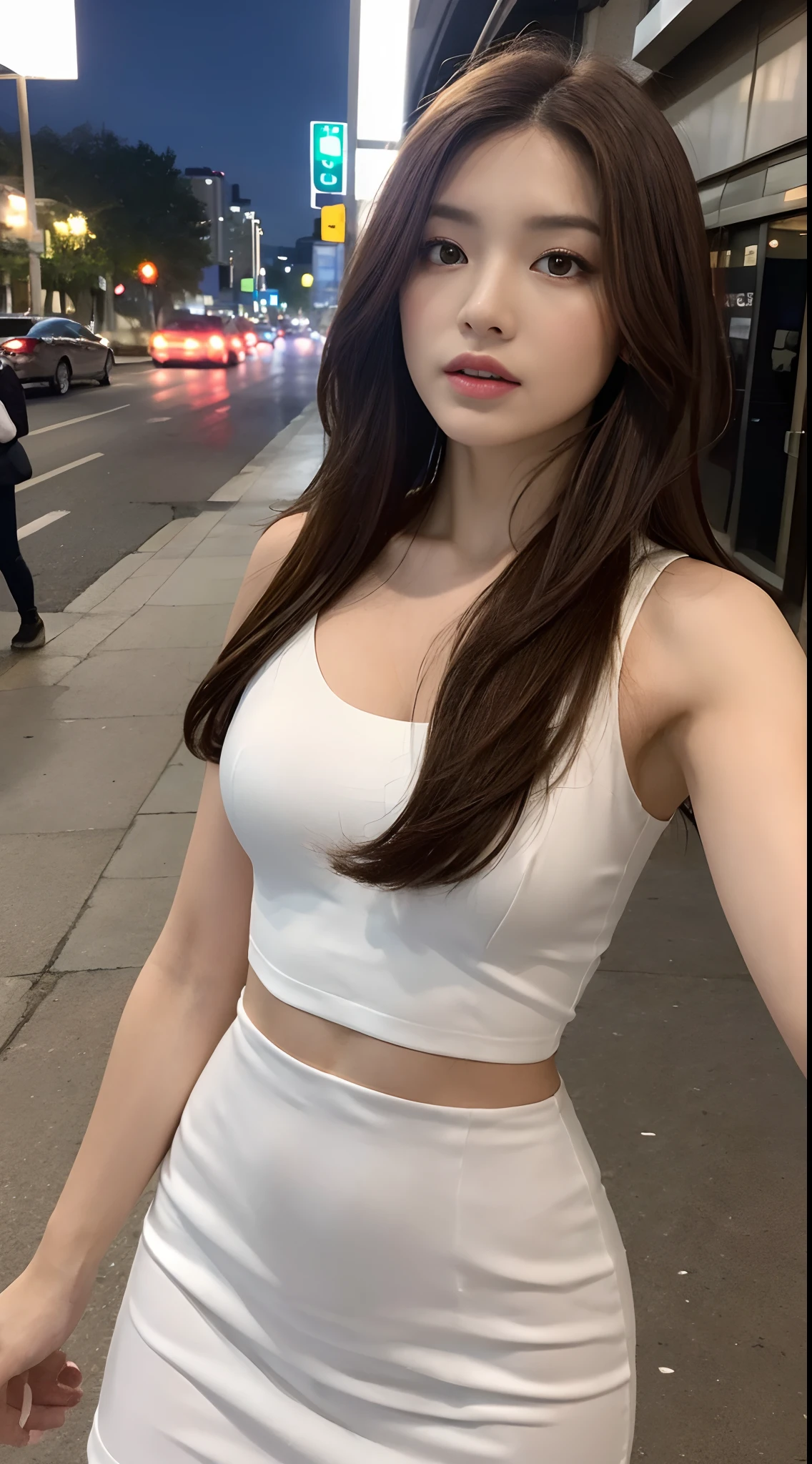 ((Realistic lighting, Best quality, 8K, Masterpiece: 1.3)), Focus: 1.2, 1girl, Perfect Figure: 1.4, Slim Abs: 1.1, ((Dark brown hair)), (White dress: 1.4), (Outdoor, Night: 1.1), City streets, Super fine face, Fine eyes, Double eyelids,
