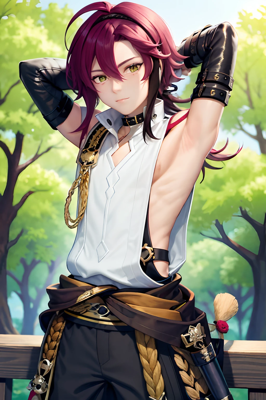 masterpiece, best quality,Shikanoin Heizou (genshin impact), 1boy, male focus, kurokote, green eyes, kote, multicolored hair, mole under eye, red hair, solo, mole, black choker, japanese armor, looking at viewer, choker, armor, streaked hair, aiguillette, sleeveless, ahoge, long hair, low ponytail,(kbxll:0.6)