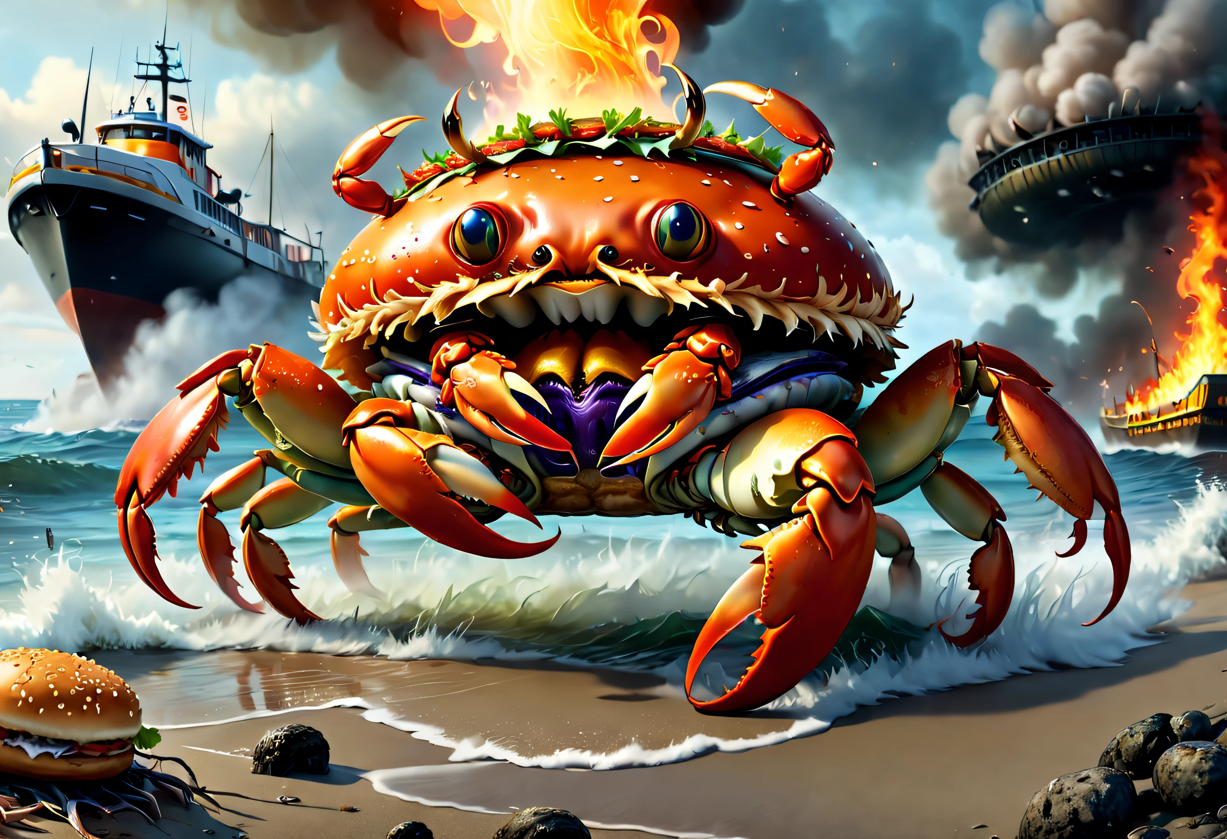 (Best quality, 4K, A high resolution, Masterpiece:1.2), Ultra-detailed, Realistic:1.37,Hamburg Crab Team,Every hamburger crab has crab legs,Crab claws,The body is a crab of Hamburg,Anthropomorphic burger,Stroll through the Hamburg Crab Squad,Dress up like a hamburger crab, Tentacles wrapped around a burger,absurderes,It's ridiculous,Have by the sea,Epic fantasy art,Epic surreal art style,Dynamic Action Pose,Background full of smoke and flames,Sharp focus,gritty atmosphere,Powerful battle scenes,Detailed explosions,Vivid colors, Intense lighting,Combine horror and action genres,Close-up of burger crab by squad members,Fierce battle frenzy,Artistic lighting effects,Suspenseful atmosphere,expressive facial features,Creepy and threatening appearance,Detailed hamburger crab,Emphasize the strength and strength of the legion,A true representation of fantasy art,Add a sci-fi twist to the scene.