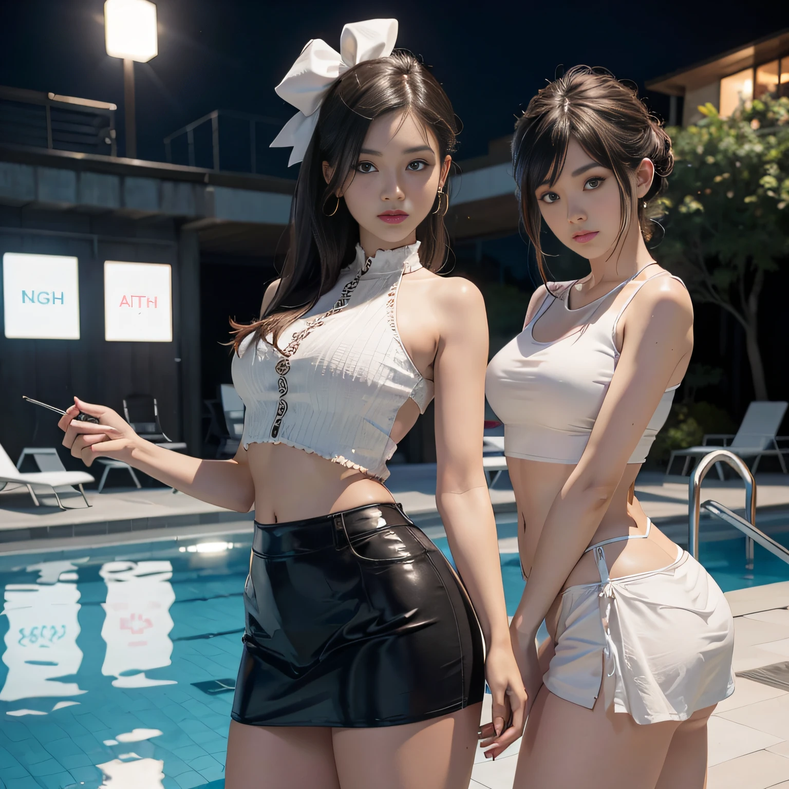 2 Beautiful Women, croptop, skirts that are too short, posing in the, Looks like the model Lucy Pinde。White panties are visible、Night Pool、Buttocks