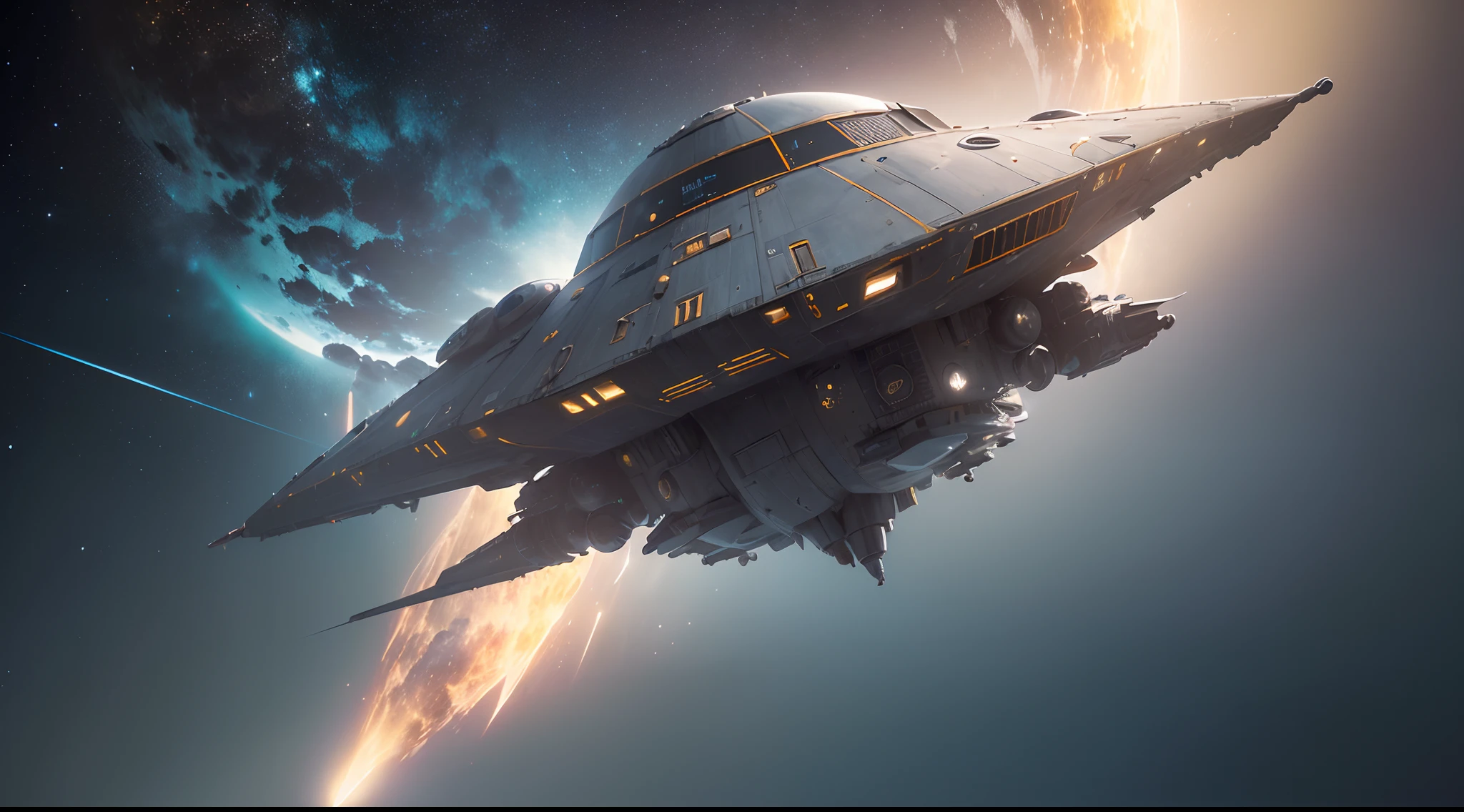 ( Nave espacial de guerra y combate volando un cielo azul y estrellas, estilo minimalista, Gran nave espacial en el espacio, SciFi, Estilo Homeworld, Megaestructura en el fondo, alien, espacio profundo, fondo oscuro, ( Nave espacial de cguerra y combate , NAVE espacial de guerray combate ligera FUTURISTA alienigena , navega por el espacio, Telephoto lens to capture the plane and surrounding elements without distortion, Fast shutter speed to freeze the moment of action, Amplia apertura para enfocar el plano y crear una profundidad de campo reducida que difumina el fondo, High resolution to capture intricate details, motores y detalles de fuselaje, Paleta de colores de grises, and metallic, encapsular la complejidad, renderizado 16K hiper realista, cinematographic photography, Solitario, cielos contaminados, , NAVE espacial de guerra y combate fuselaje DE TITANIO, con armamento, FUTURISTIC FIGHTER CRAFT YEAR 2854, estilo minimalista ambiente oscuro, cinematography lighting, Maximum hyper-realistic details, perspectiva cenital, primer plano de toda la nave espacial de guerra y combate, visibilidad de todos los detalles de su arquitectura y fuselaje)