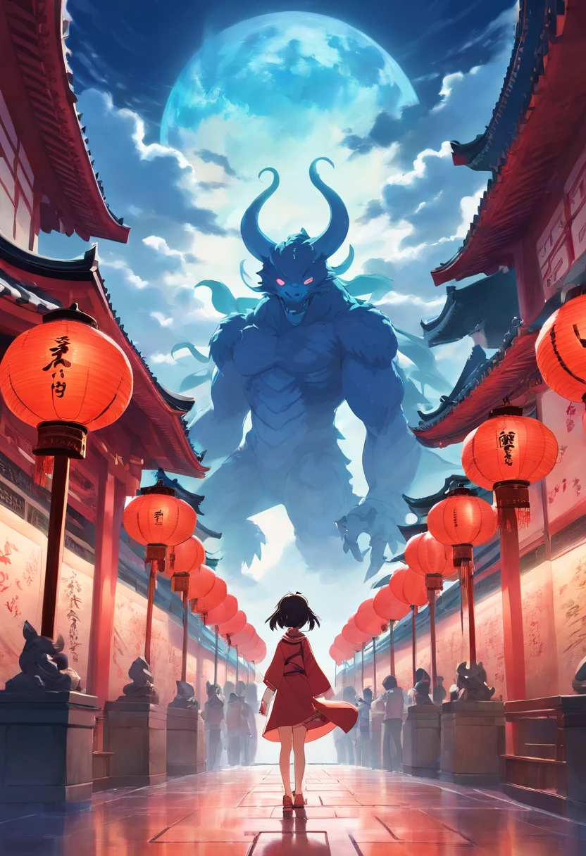 (guiguai),A  woman stands in front of a huge monster,view the viewer,Monster,wing,Red lanterns,Silhouette,(Chinese-style architecture:1.2),translucent soul,Army,waterfallr,Skeleton,Cloud,teeth,Cloudy sky,Transparent,luminous,Red theme,Monster,atmospheric reentry,