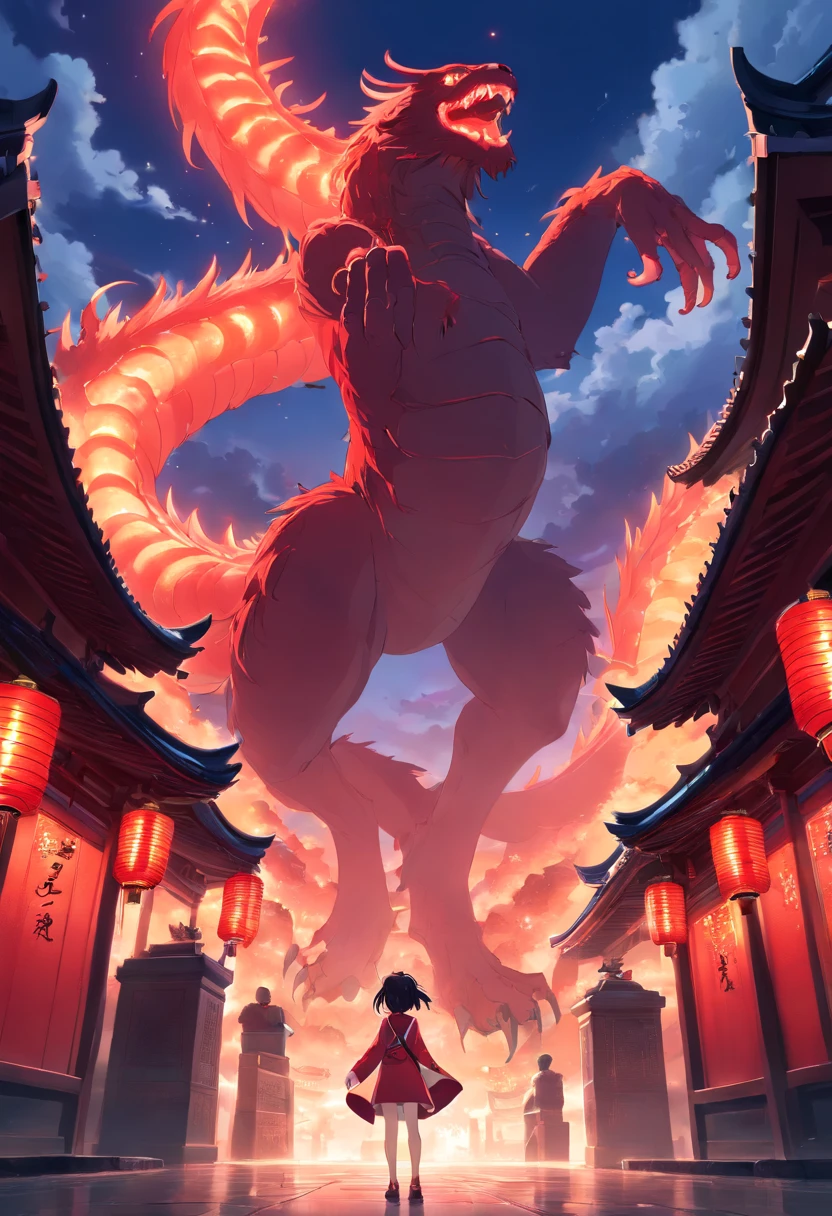 (guiguai),A little woman stands in front of a huge monster,view the viewer,Monster,wing,Red lanterns,Silhouette,(Chinese-style architecture:1.2),translucent soul,Army,waterfallr,Skeleton,Cloud,teeth,Cloudy sky,Transparent,luminous,Red theme,Monster,atmospheric reentry,