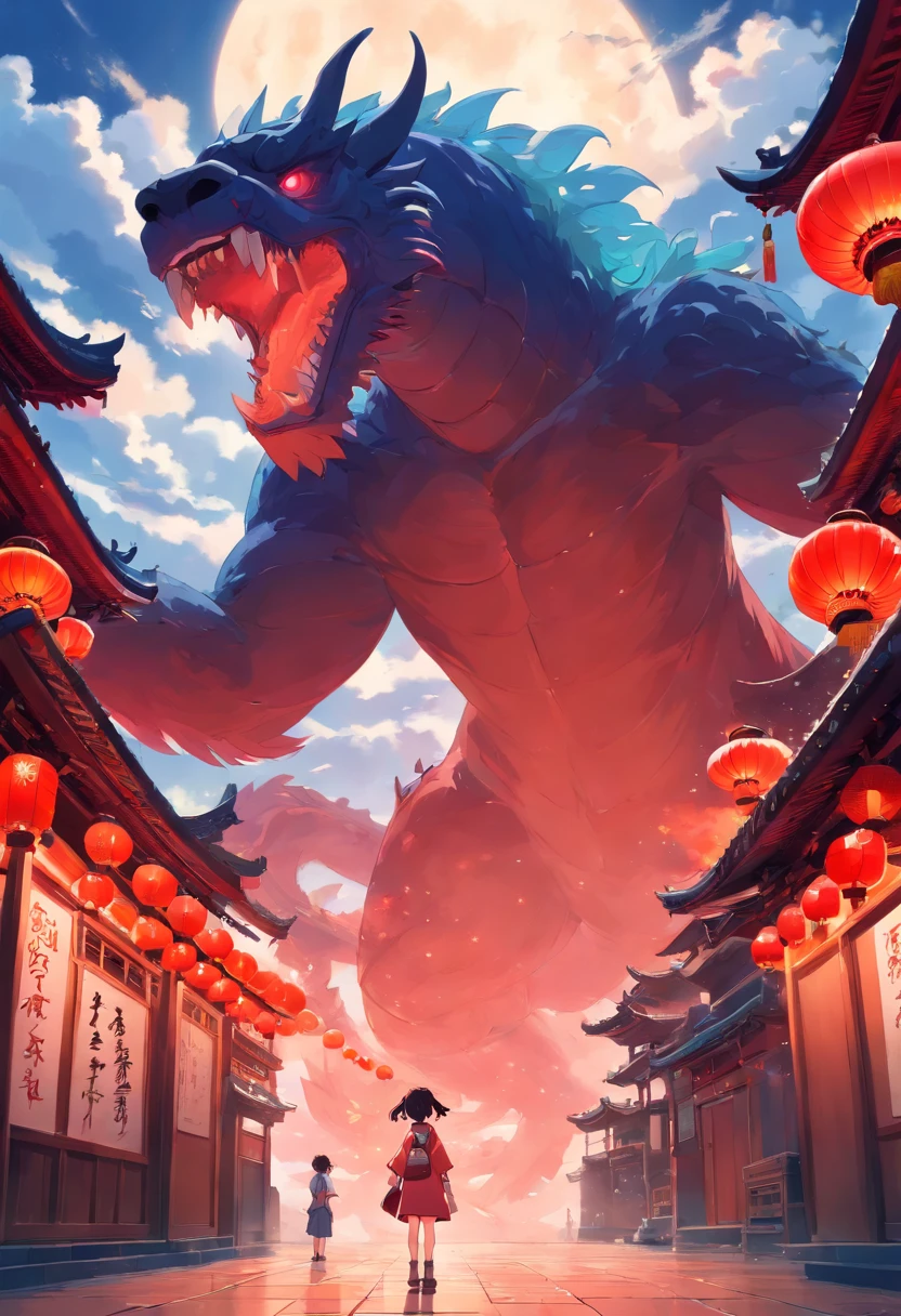 (guiguai),A  woman stands in front of a huge monster,view the viewer,Monster,wing,Red lanterns,Silhouette,(Chinese-style architecture:1.2),translucent soul,Army,waterfallr,Skeleton,Cloud,teeth,Cloudy sky,Transparent,luminous,Red theme,Monster,atmospheric reentry,