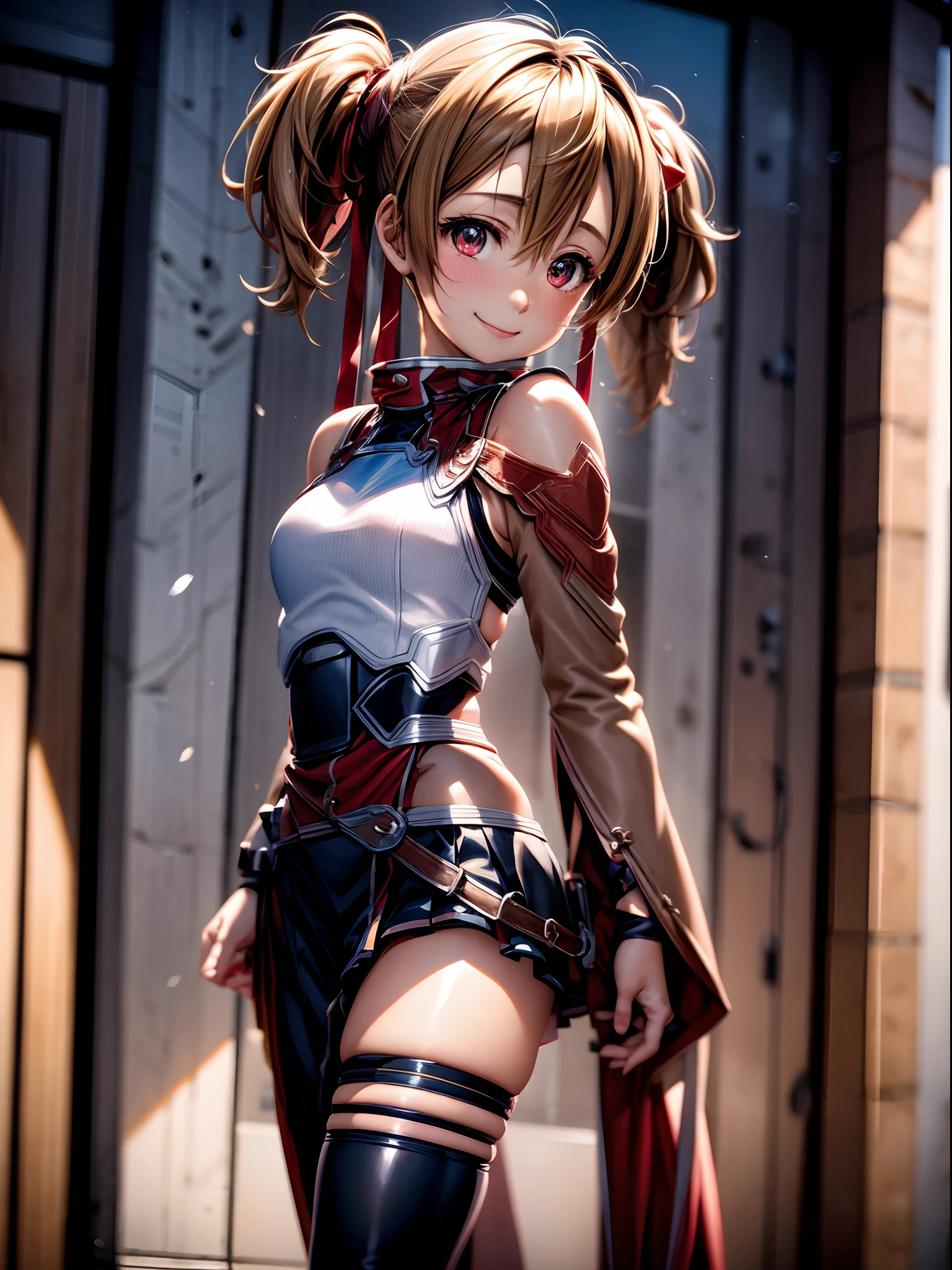 Ultra-detailed, hight resolution, Extremely detailed,Beautiful detailed girl,top-quality, [３D image:1.15]、[8k picture:1.15]、silica、Three-dimensional feeling、[[High quality anime girl with brown hair and brown eyes]]、[3D images:1.25],[[Attractive eyes,A detailed eye、Colorful eyes、radiant eyes:1.25]]、Long twintails ,White and red uniform, 8k picture, cowboy  shot、long  skirt、Cute smile、Rori