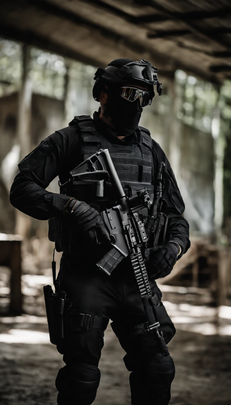 (Best quality,4K,8K,A high resolution,Masterpiece:1.2),Ultra-detailed,(Realistic,Photorealistic,photo-realistic:1.37), One of them wore a black SWAT uniform，Man in black helmet, A man in a black mask holds a gun, Air rifle CQB, French Special Operations, realistic soldiers, Soldiers in tactical equipment, tactical gear, cinematic —ar 16:9, realistic military equipment, Tactical armor, Black tactical equipment, combat outfit, Futuristic soldier costume, special forces security(Best quality,4K,8K,A high resolution,Masterpiece:1.2),Ultra-detailed,(Realistic,Photorealistic,photo-realistic:1.37), One of them wore a black SWAT uniform，Man in black helmet, A man wearing a black skull mask holds a gun, Air rifle CQB, French Special Operations, realistic soldiers, Soldiers in tactical equipment, tactical gear, cinematic —ar 16:9, realistic military equipment, Tactical armor, Black tactical equipment, combat outfit, Futuristic soldier costume, special forces security