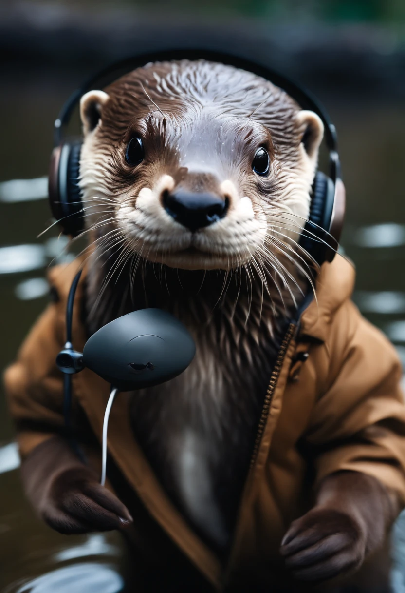 Perfect centering, Cute otter , Wear a jacket, Wearing formal suit, Wearing headphones, cheerfulness, Standing position, Abstract beauty, Centered, Looking at the camera, Facing the camera, Approaching perfection, Dynamic, Highly detailed, Smooth, Sharp Focus, 8K